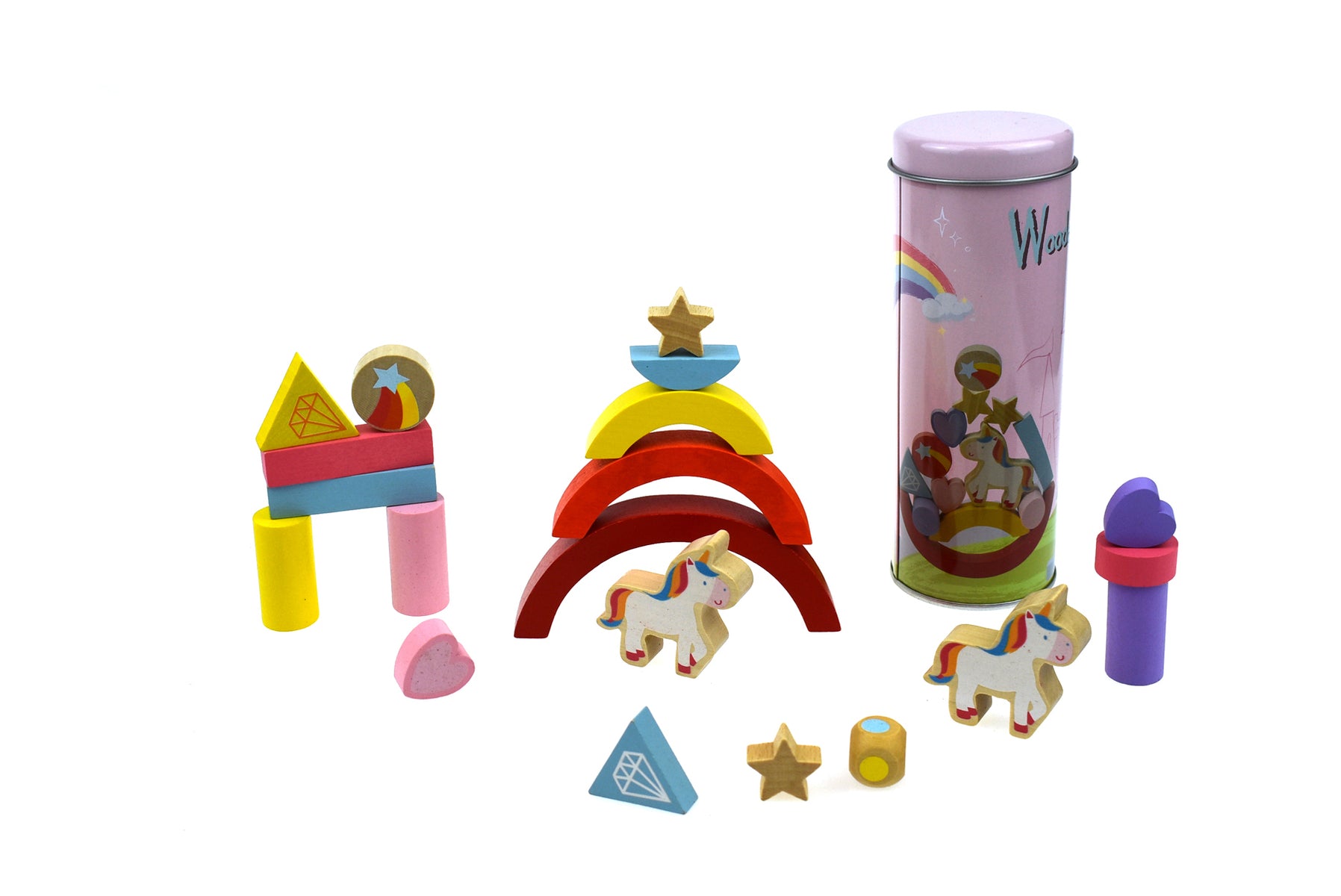 WOODEN UNICORN BALANCING BLOCKS IN METAL CYLINDER