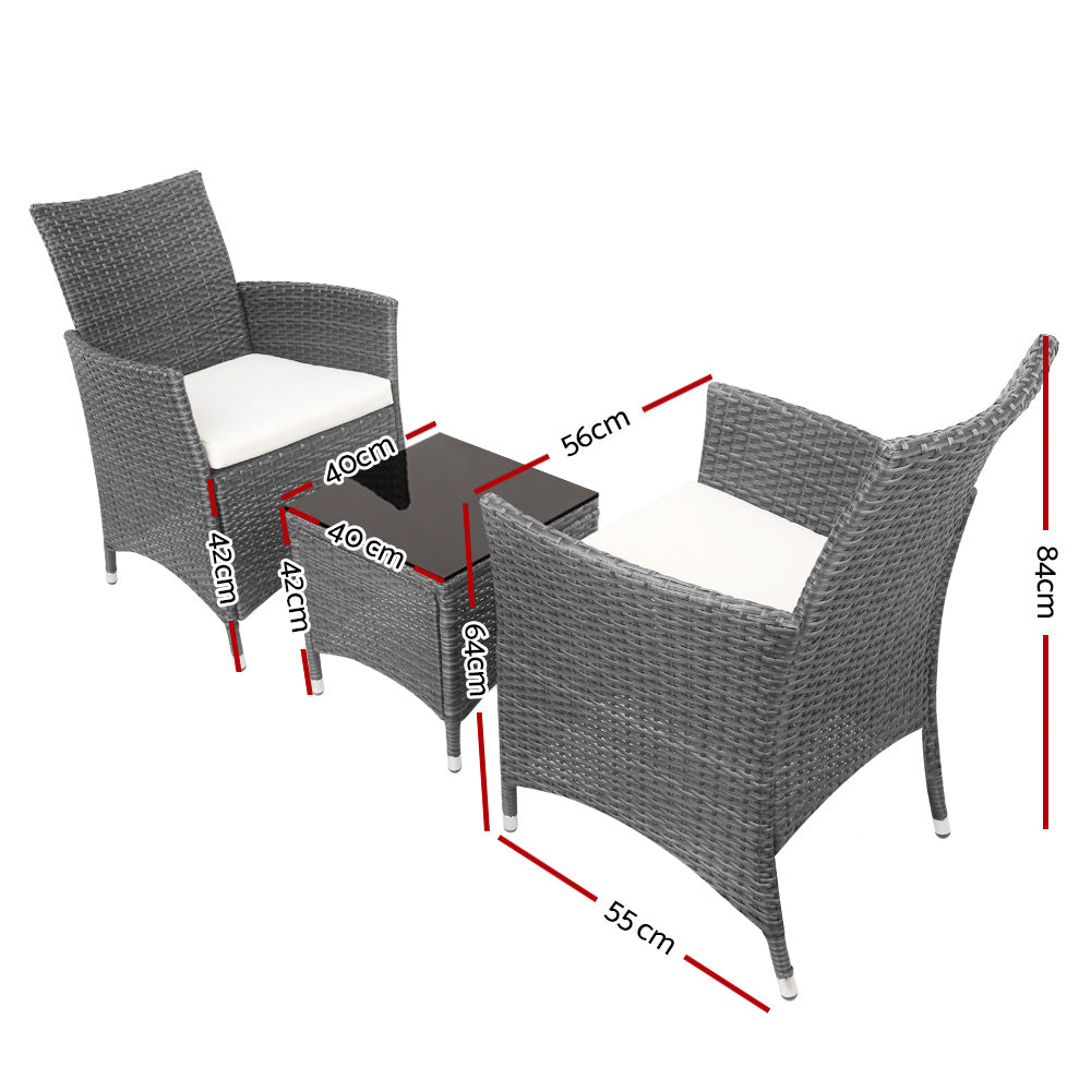 Gardeon 3pc Rattan Bistro Wicker Outdoor Furniture Set Grey