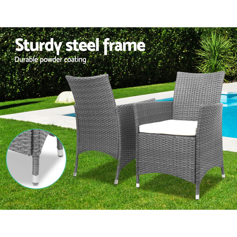 Gardeon 3pc Rattan Bistro Wicker Outdoor Furniture Set Grey