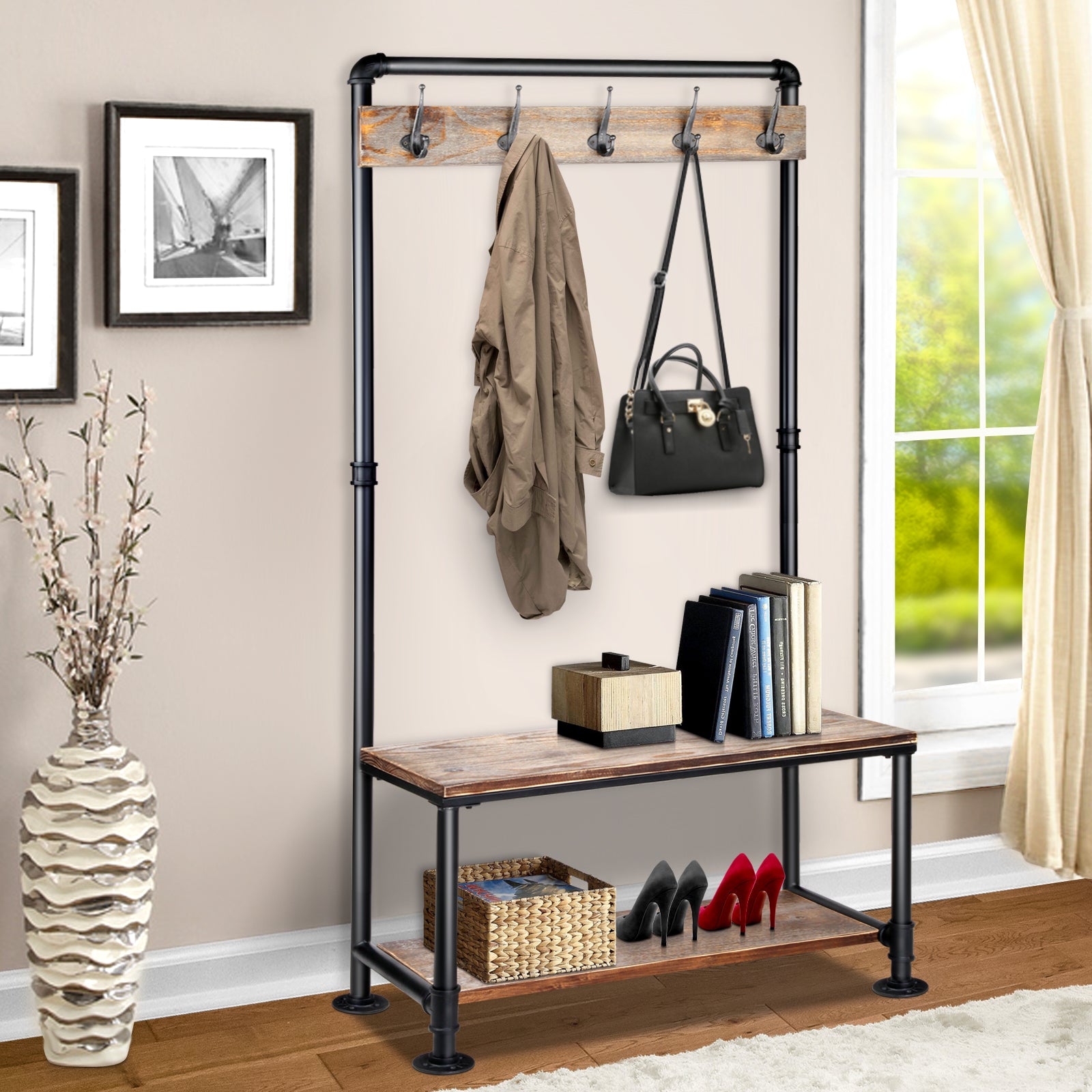 Artiss Clothes Rack Shoe Rack Vintage Coat Stand Hallway Shelf