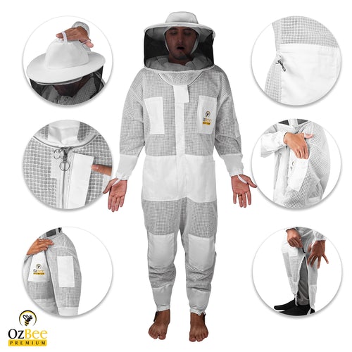 OZBee Premium Full Suit 3 Layer Mesh Ultra Cool Ventilated Round Head Beekeeping Protective Gear Size S