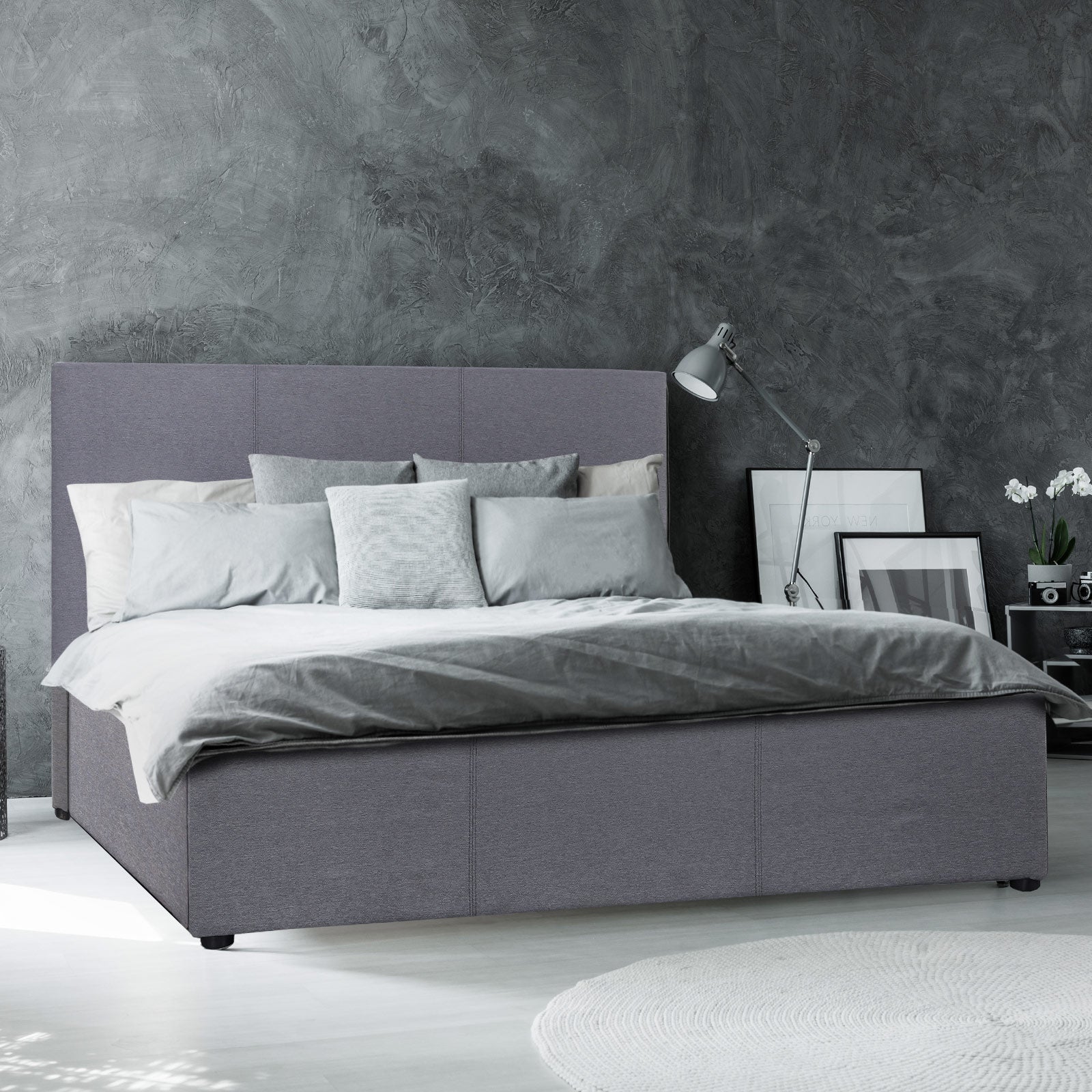 Milano Luxury Gas Lift Bed Frame Base And Headboard With Storage - Double - Grey