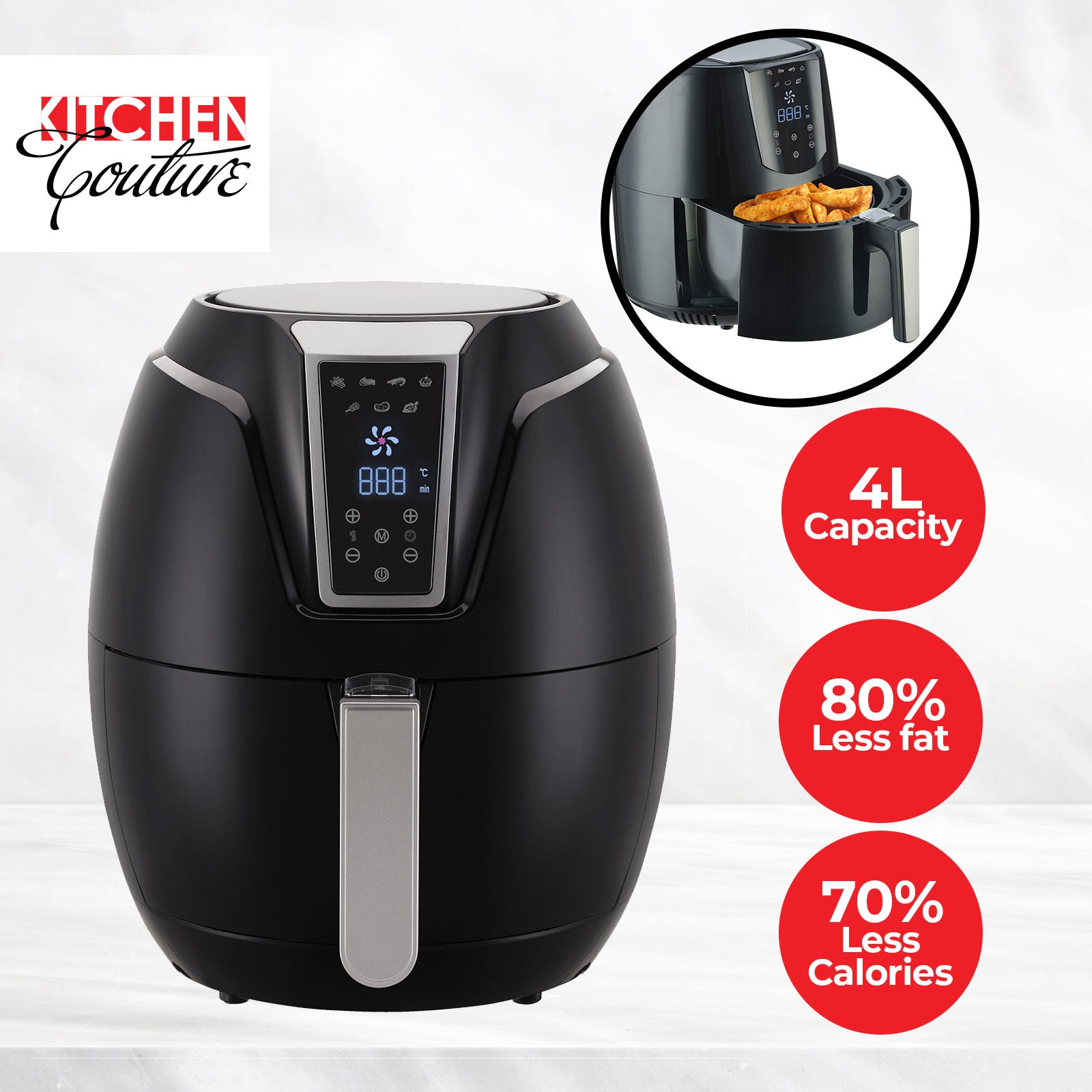 Kitchen Couture 4 Litre Air Fryer Digital Display Black 1400W Healthy Cooker Black
