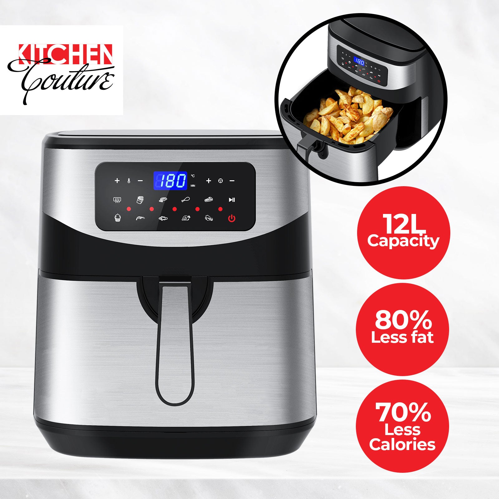 Kitchen Couture 12 Litre Air Fryer Multifunctional LCD One Touch Display Silver Silver