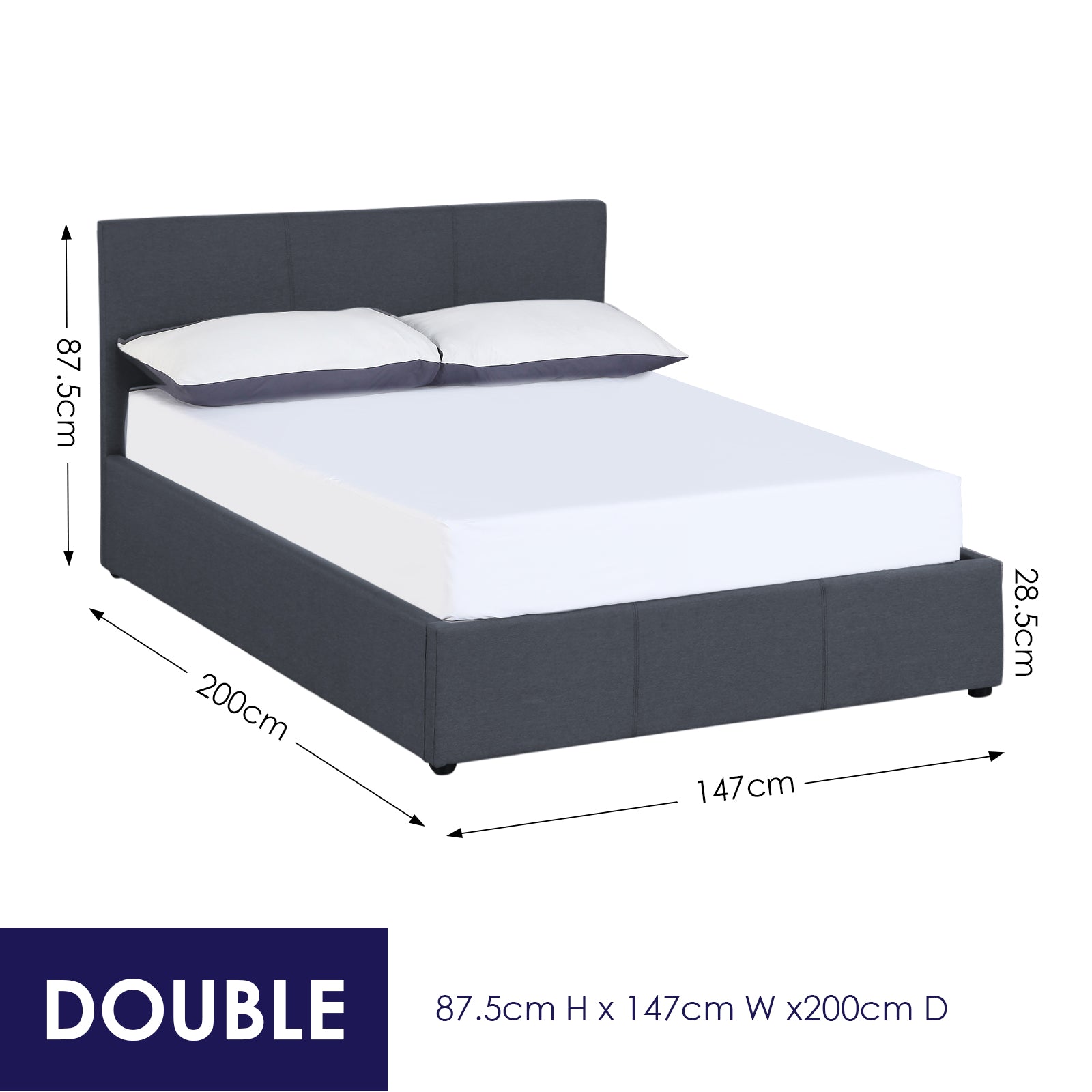 Milano Luxury Gas Lift Bed Frame And Headboard Double Queen King Black Dark Grey - Double - Dark Grey