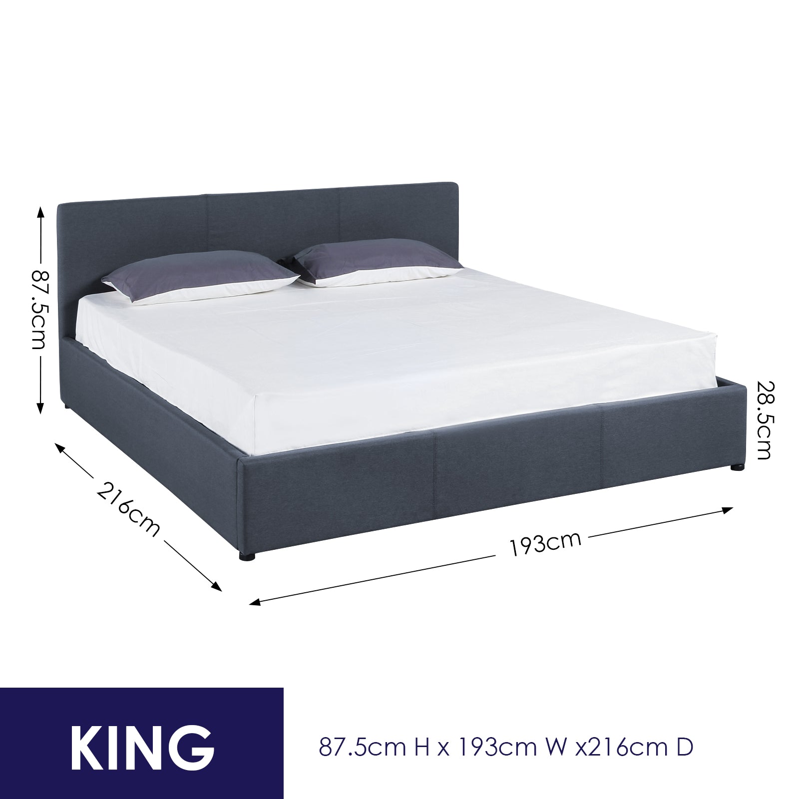 Milano Luxury Gas Lift Bed Frame And Headboard Double Queen King Black Dark Grey - King - Black