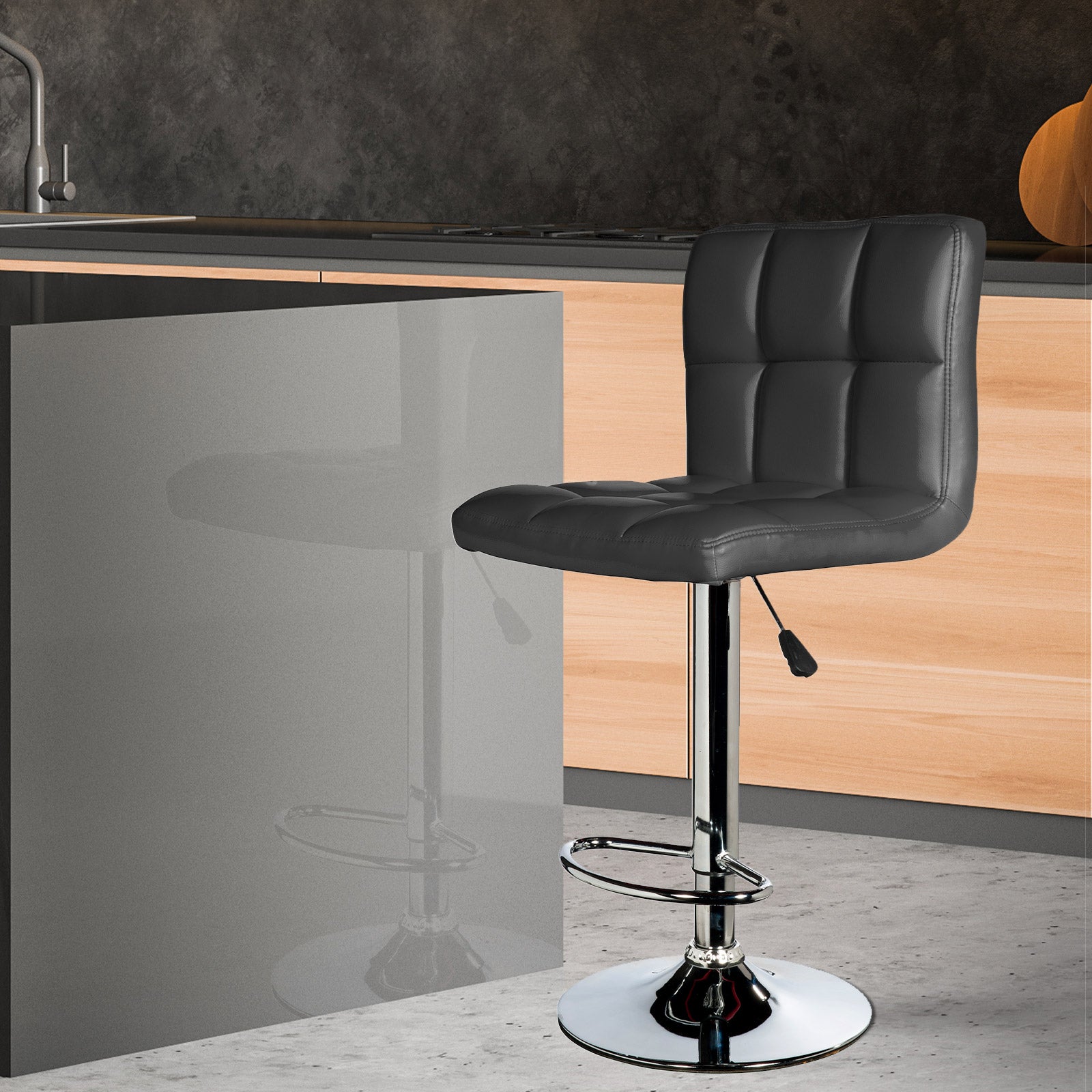 Milano Decor Stella Adjustable Barstool Black High Back Chrome PU Leather Swivel