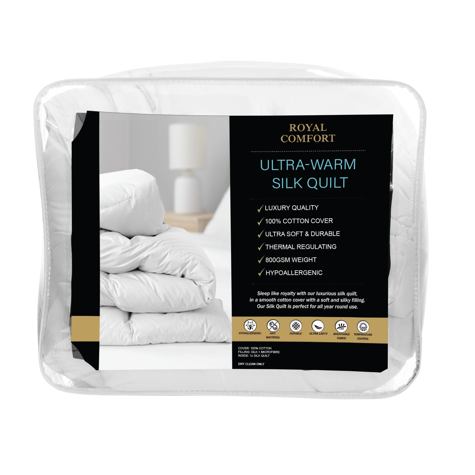 Royal Comfort 800GSM Silk Blend Quilt Duvet Ultra Warm Winter Weight - Single - White