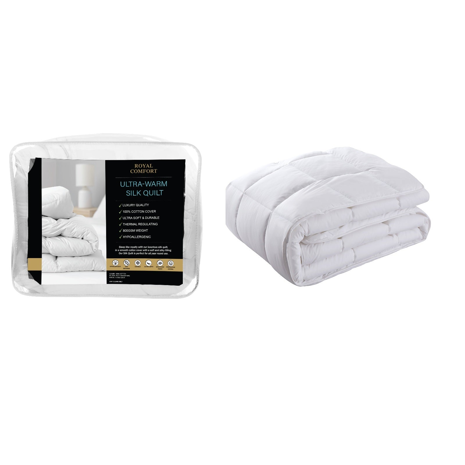 Royal Comfort 800GSM Silk Blend Quilt Duvet Ultra Warm Winter Weight - Queen - White