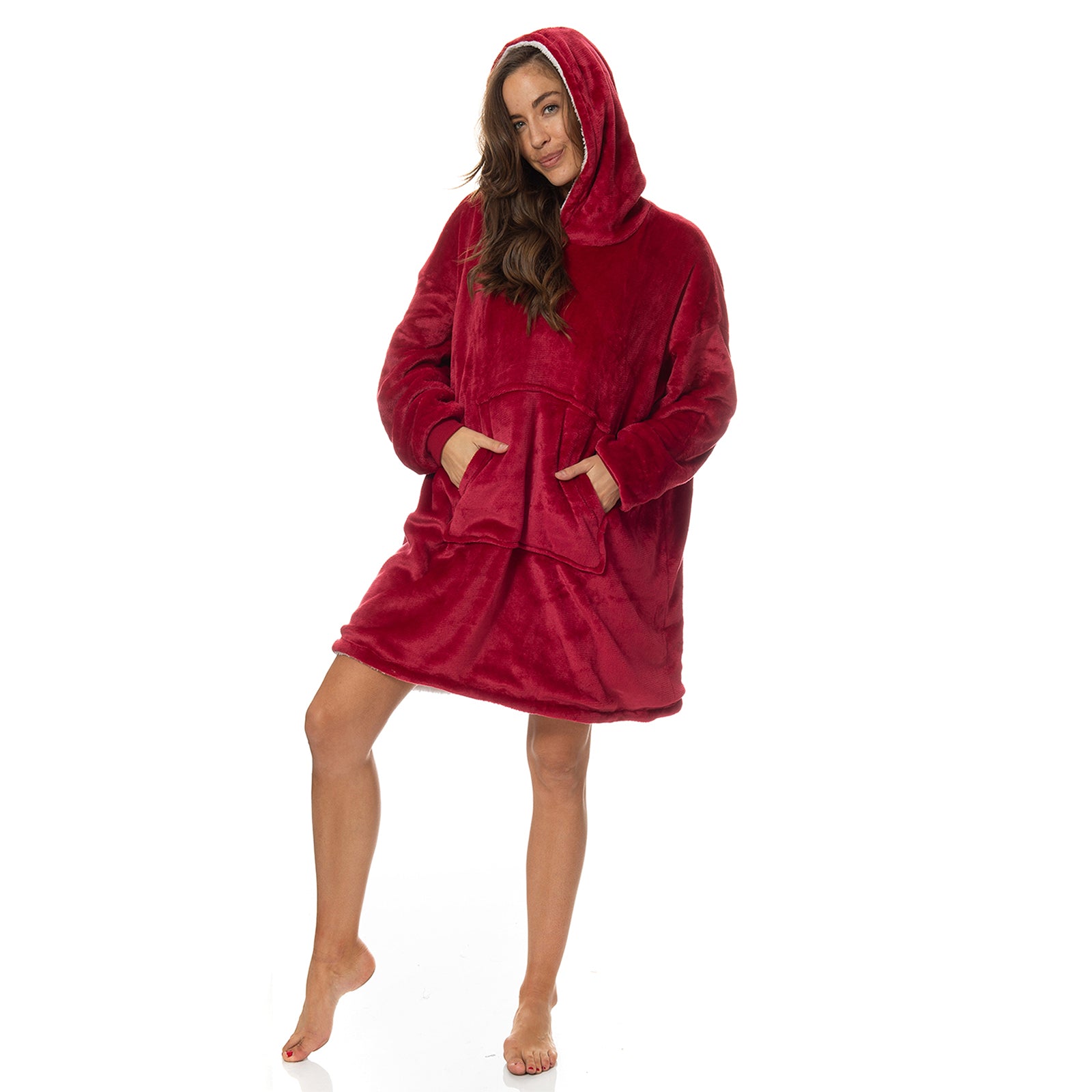 Royal Comfort Snug Hoodie Nightwear Super Soft Reversible Coral Fleece 750GSM - Red