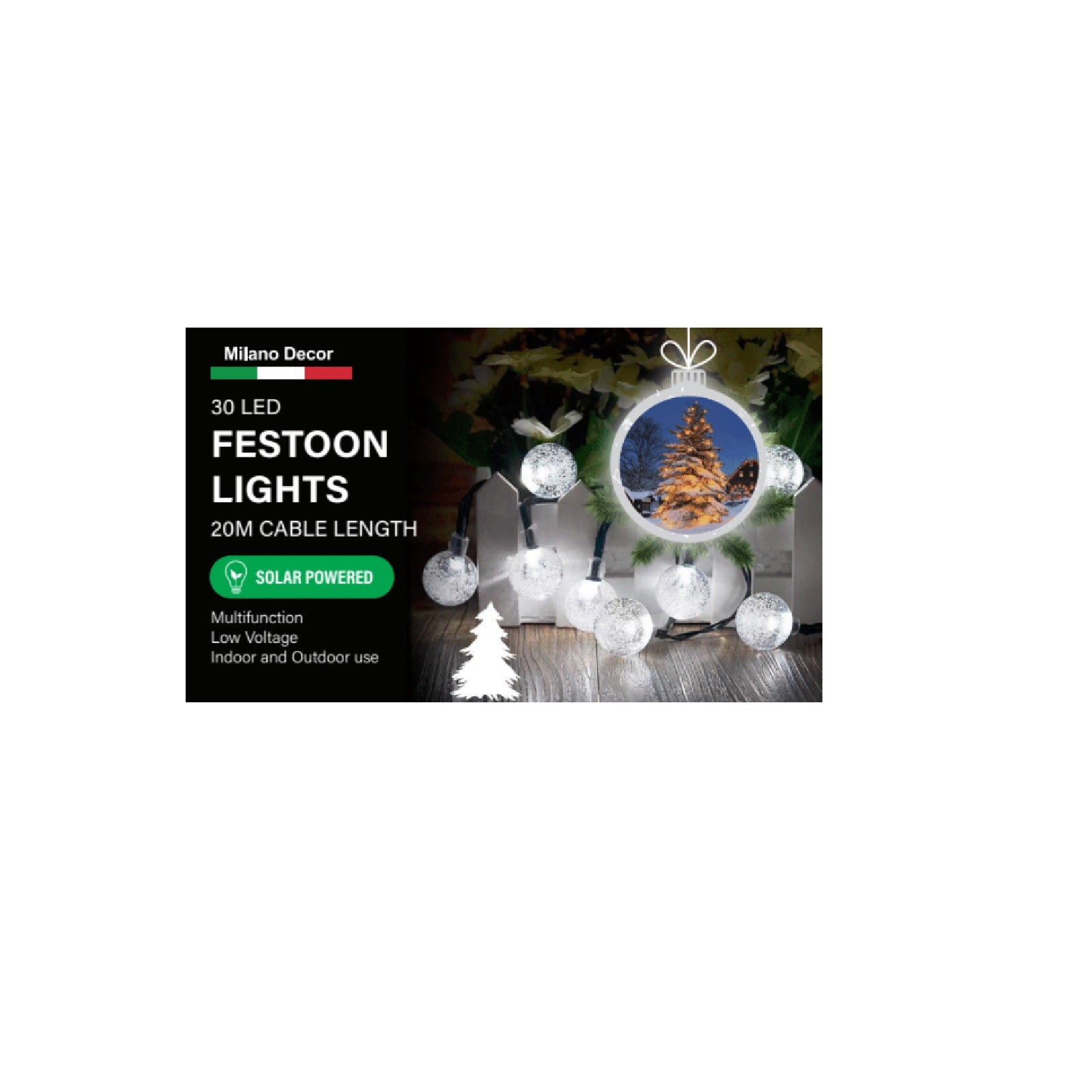 Milano Decor Solar Powered Outdoor Festoon Lights - White - 30 Lights
