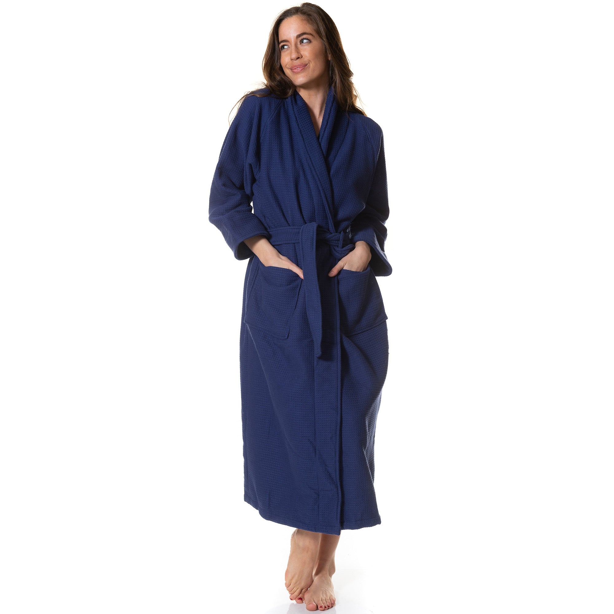 Royal Comfort 100% Cotton Bathrobe Waffle Unisex Ultra Soft Absorbent Durable - Medium - Navy