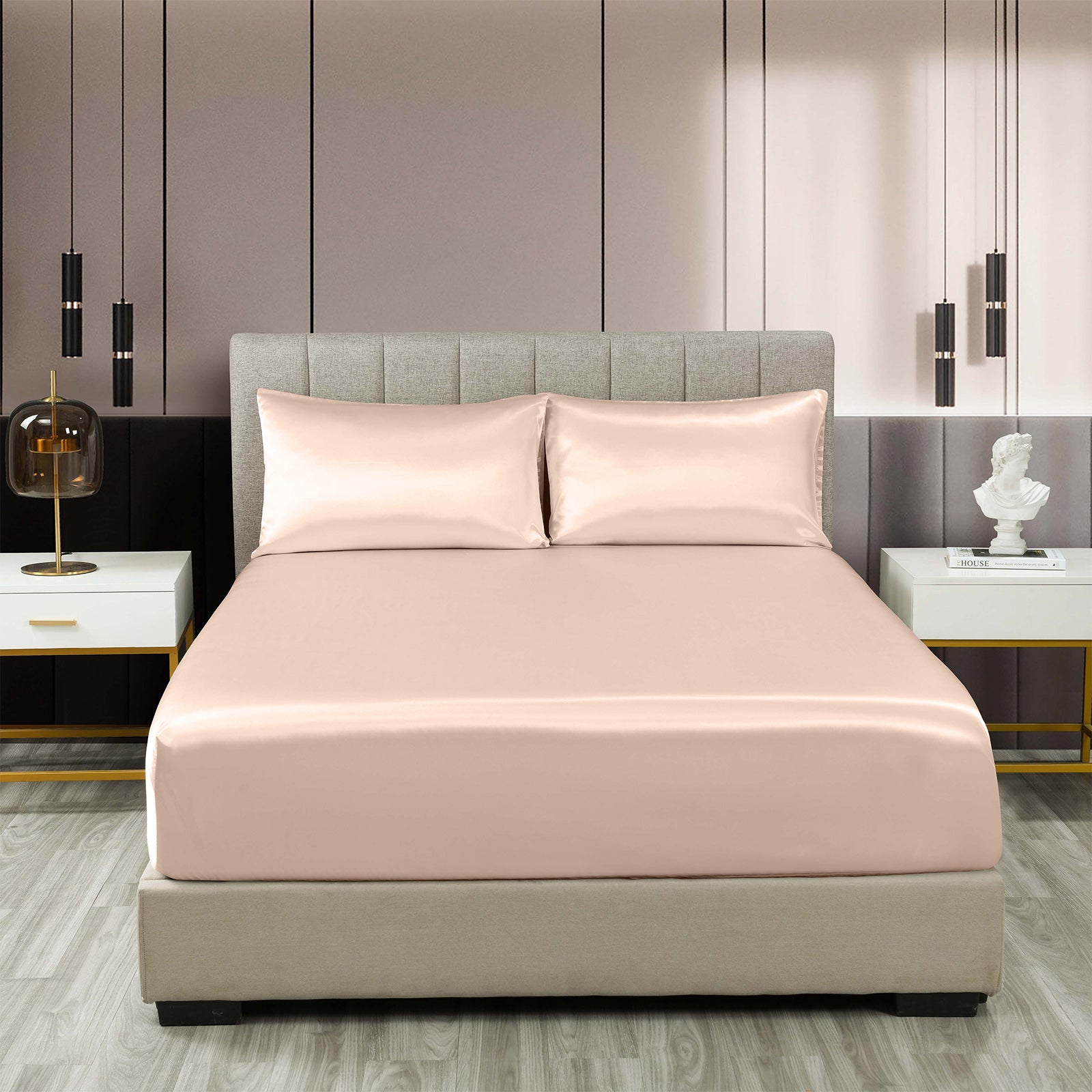 Royal Comfort Satin Sheet Set 3 Piece Fitted Sheet Pillowcase Soft - Queen - Champagne Pink
