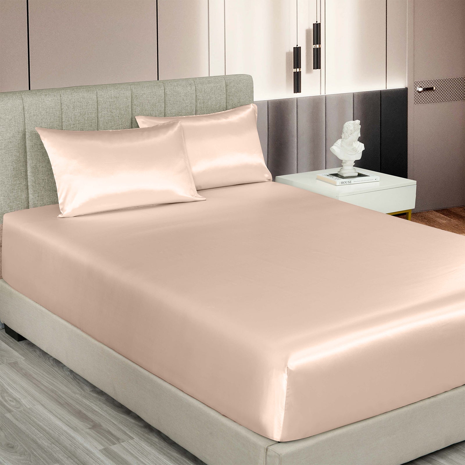 Royal Comfort Satin Sheet Set 3 Piece Fitted Sheet Pillowcase Soft - King - Champagne Pink