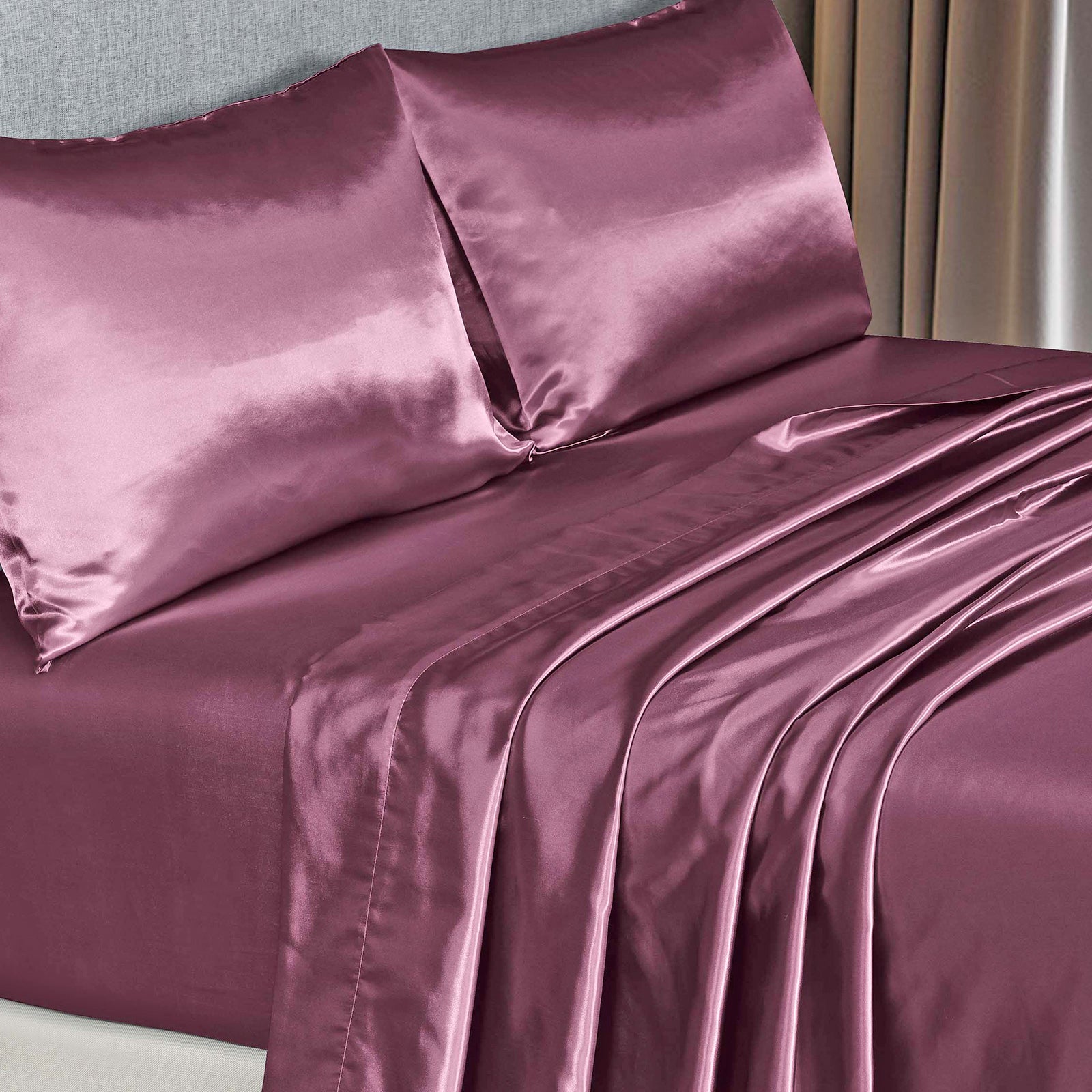 Royal Comfort Satin Sheet Set 4 Piece Fitted Flat Sheet Pillowcases - Queen - Malaga Wine