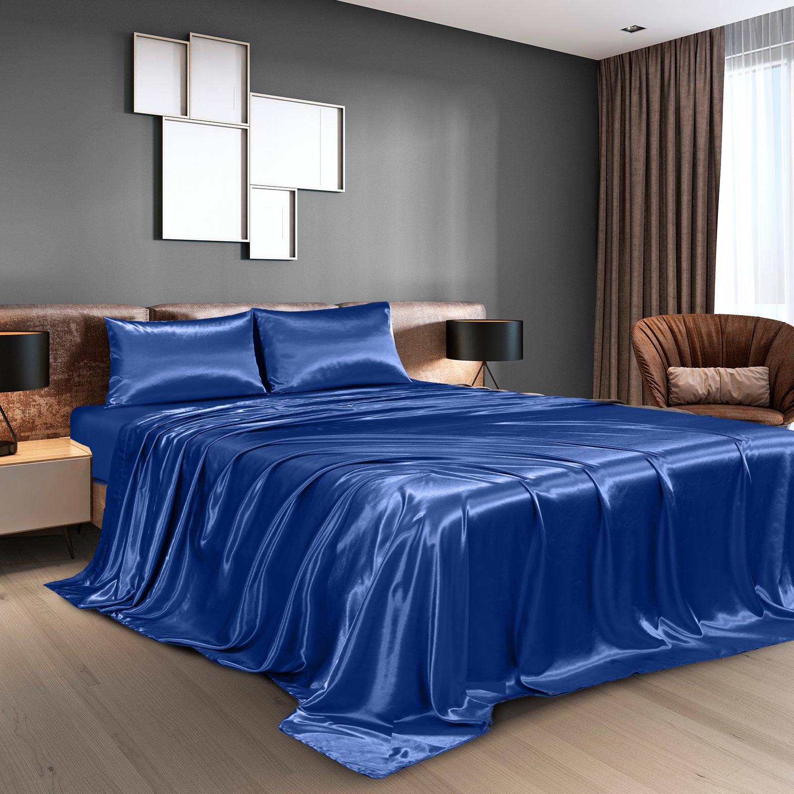 Royal Comfort Satin Sheet Set 4 Piece Fitted Flat Sheet Pillowcases - Queen - Navy Blue