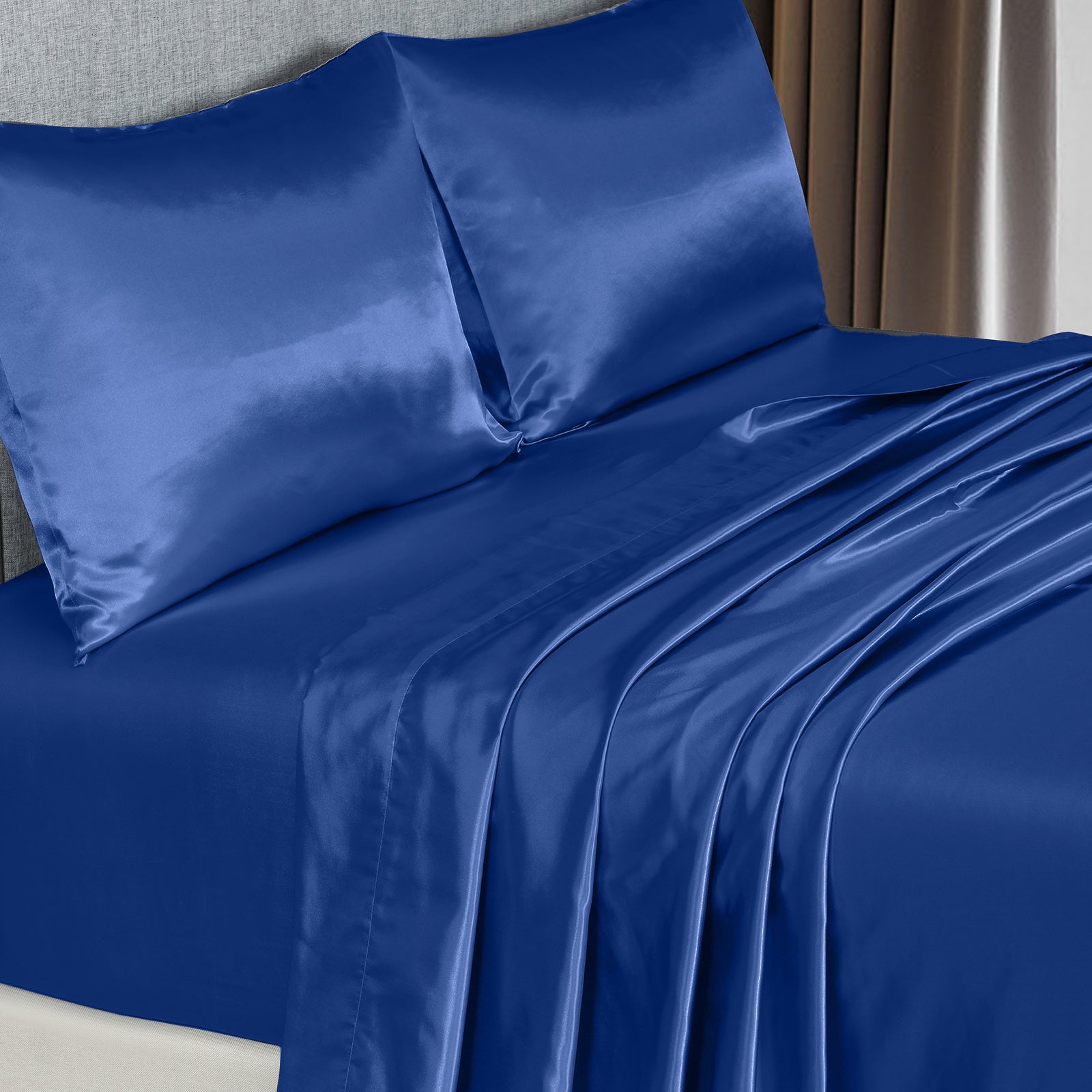 Royal Comfort Satin Sheet Set 4 Piece Fitted Flat Sheet Pillowcases - Queen - Navy Blue