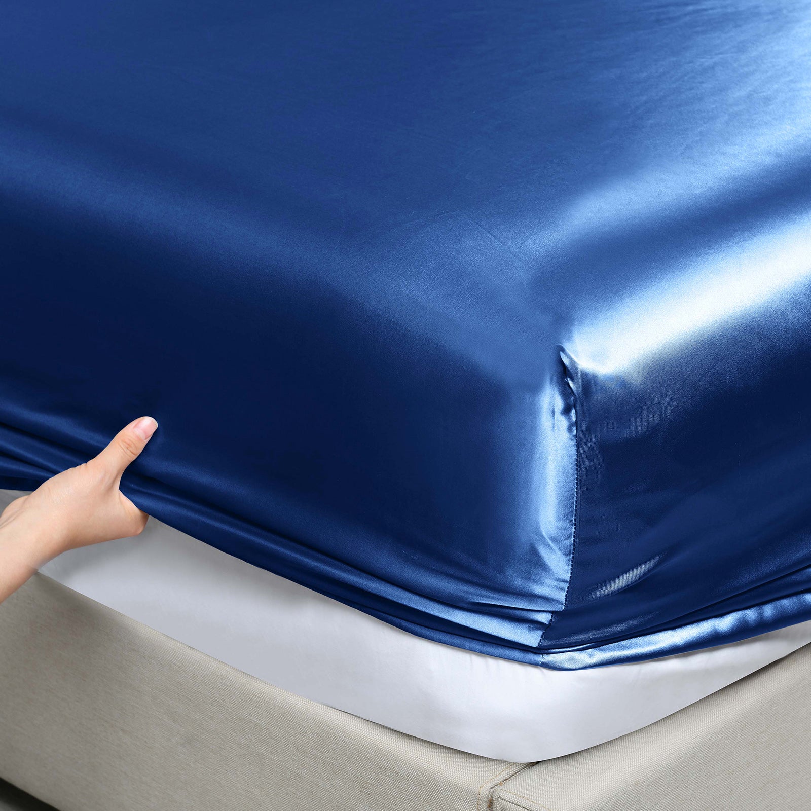 Royal Comfort Satin Sheet Set 4 Piece Fitted Flat Sheet Pillowcases - Queen - Navy Blue