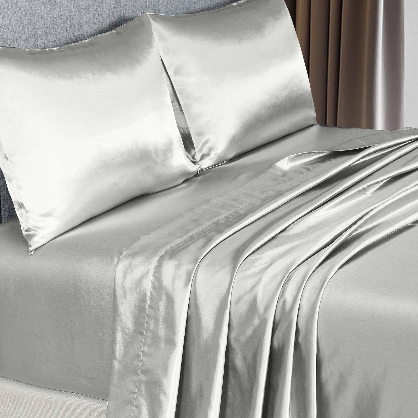 Royal Comfort Satin Sheet Set 4 Piece Fitted Flat Sheet Pillowcases - King - Silver