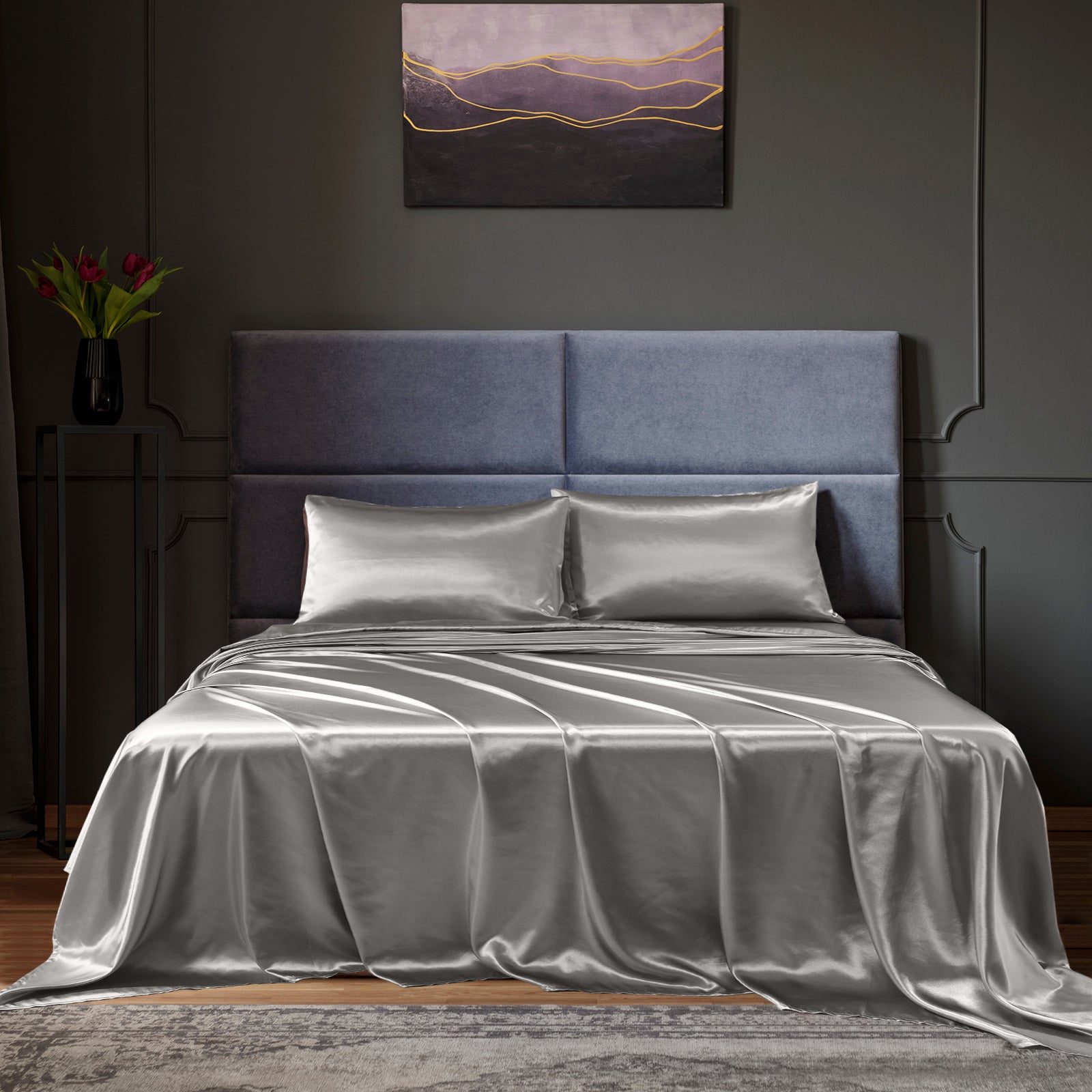 Royal Comfort Satin Sheet Set 4 Piece Fitted Flat Sheet Pillowcases - King - Charcoal