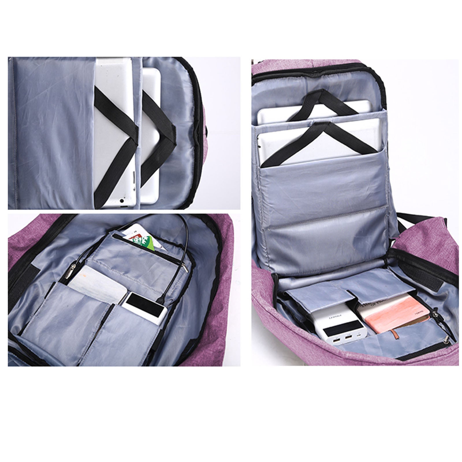 Anti Theft Backpack Waterproof bag School Travel Laptop Bags USB Charging - Purple