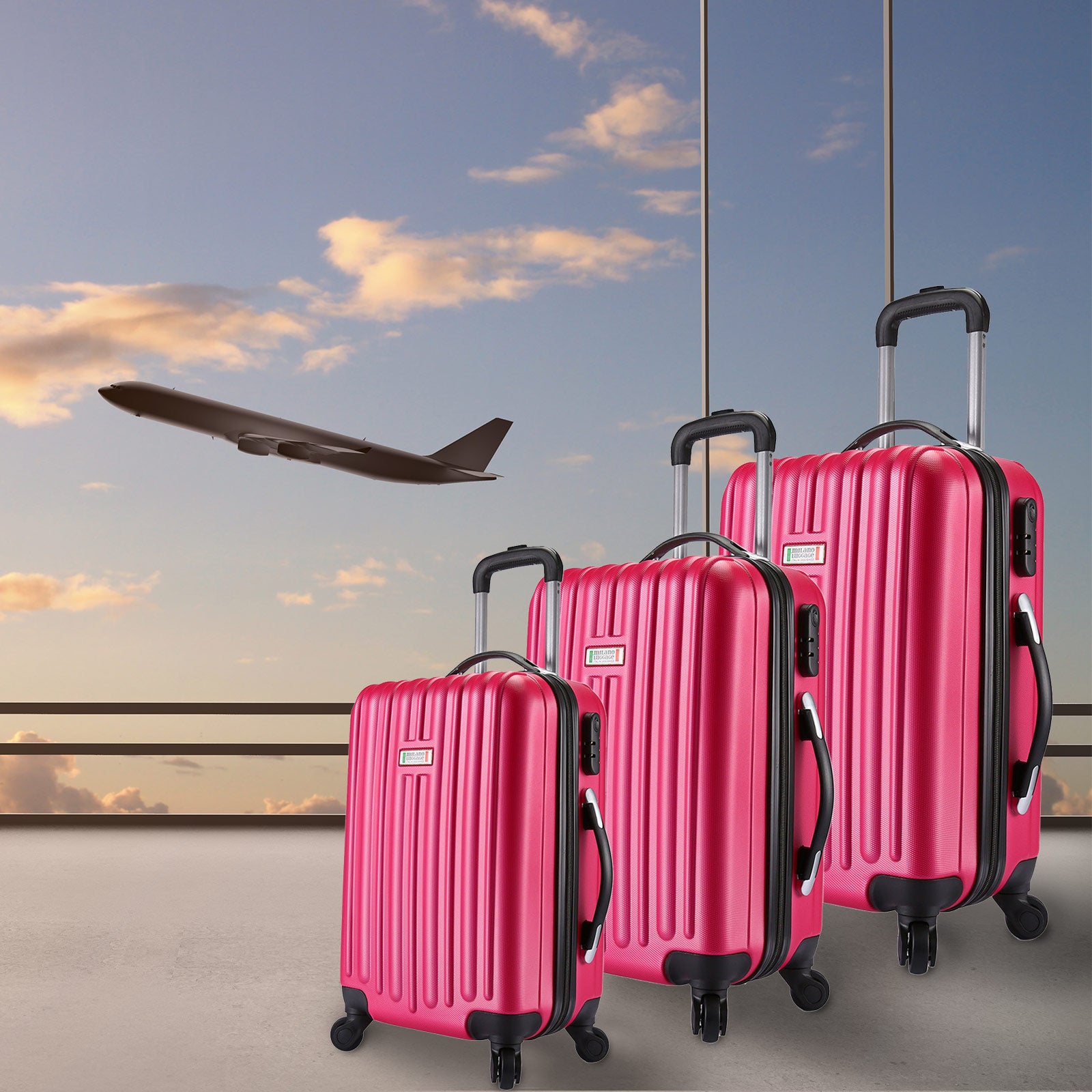 Milano Deluxe 3pc ABS Luggage Suitcase Luxury Hard Case Shockproof Travel Set - French Rose