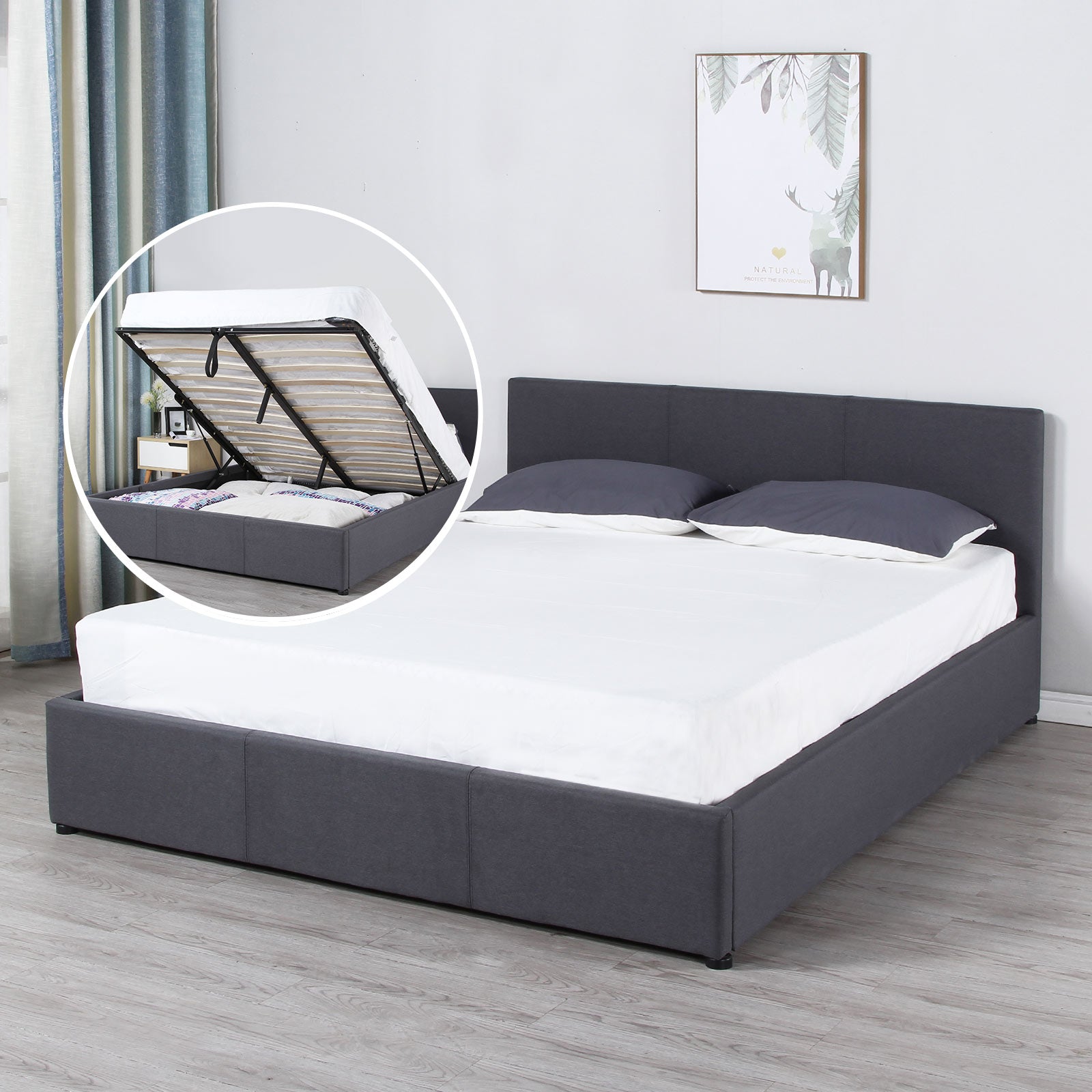 Milano Luxury Gas Lift Bed Frame And Headboard Queen King Black Beige Dark Grey - Queen - Dark Grey