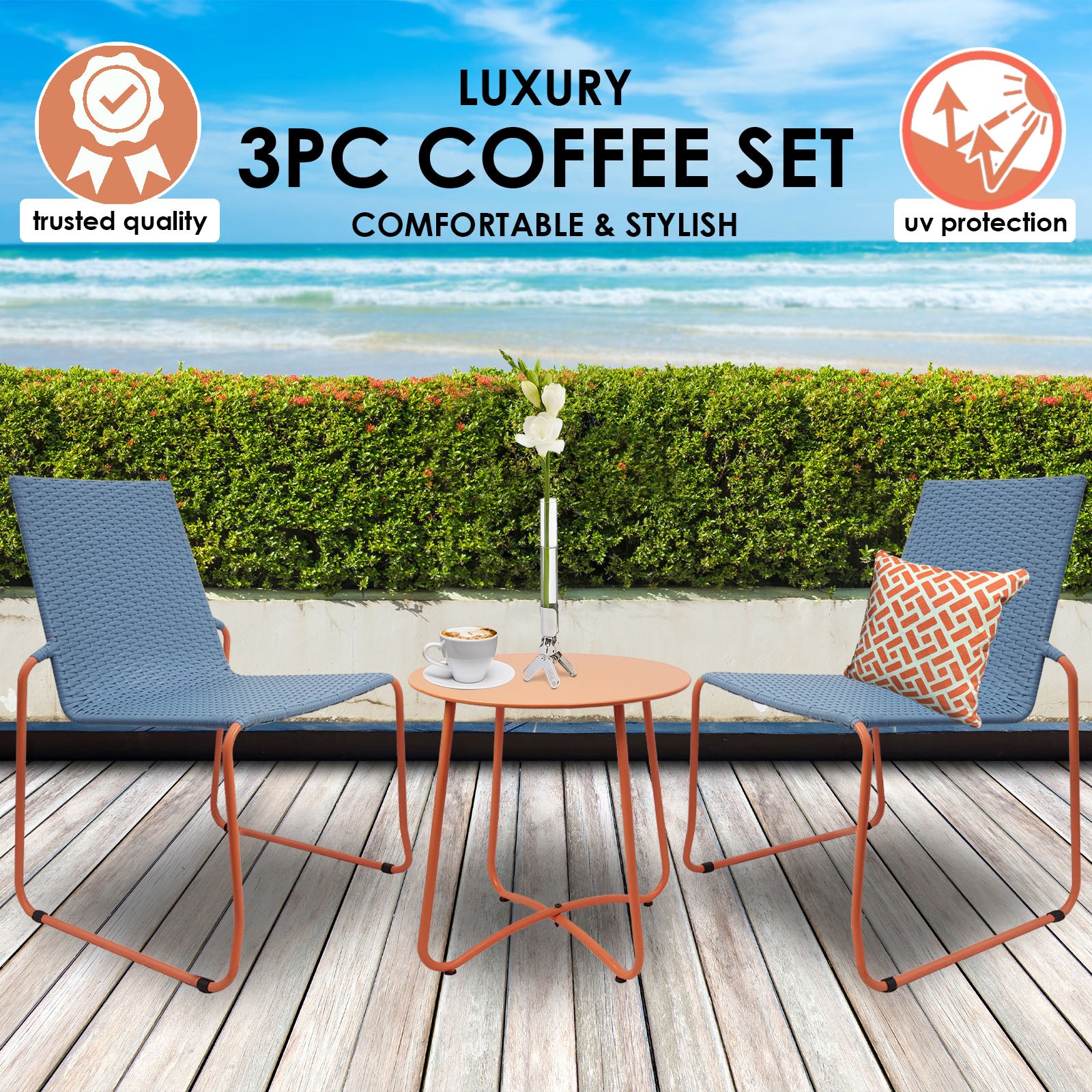 Milano 3pc Outdoor Furniture Steel/Rattan Coffee Table & Chairs Patio Garden Set - Blue & Orange
