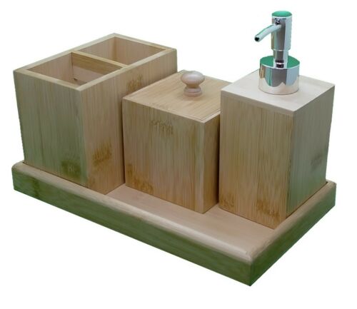 Bamboo Bathroom Accessories Set | Soap Dispenser, Toothbrush Holder, Storage Box & Tray