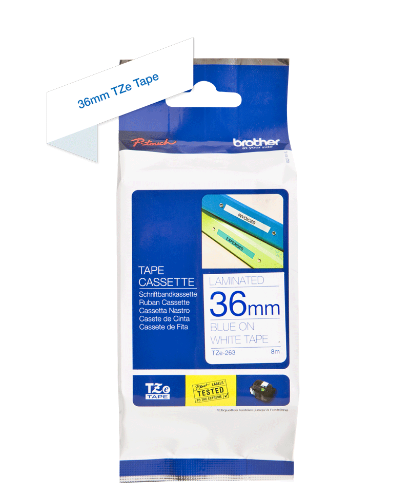 Genuine Brother TZe-263 Labelling Tape Cassette Blue on White, 36mm wide, 8m long Compatible with a wide range of Brothers P-touch printers