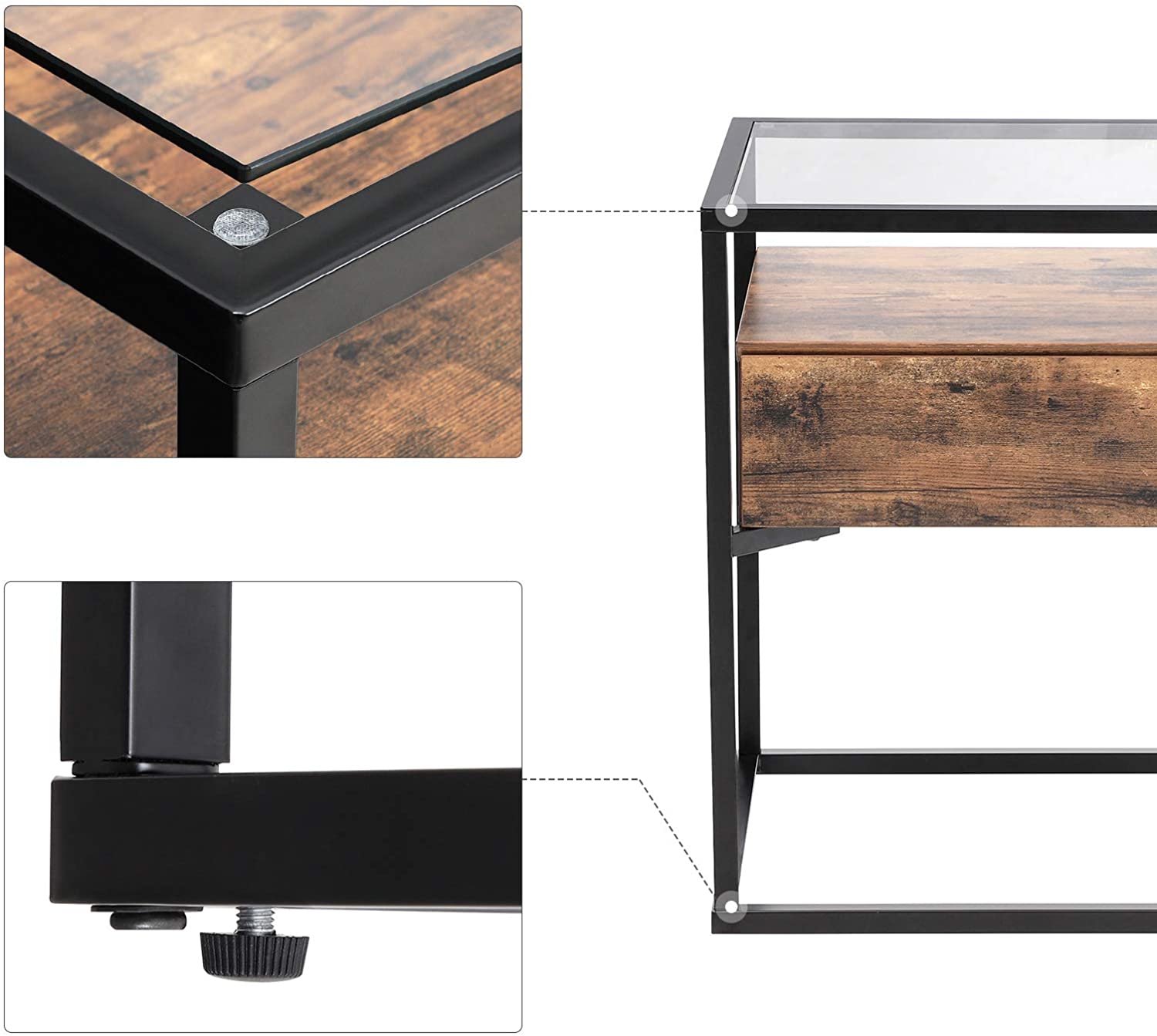 Tempered Glass End Table with Drawer and Rustic Shelf Stable Iron Frame