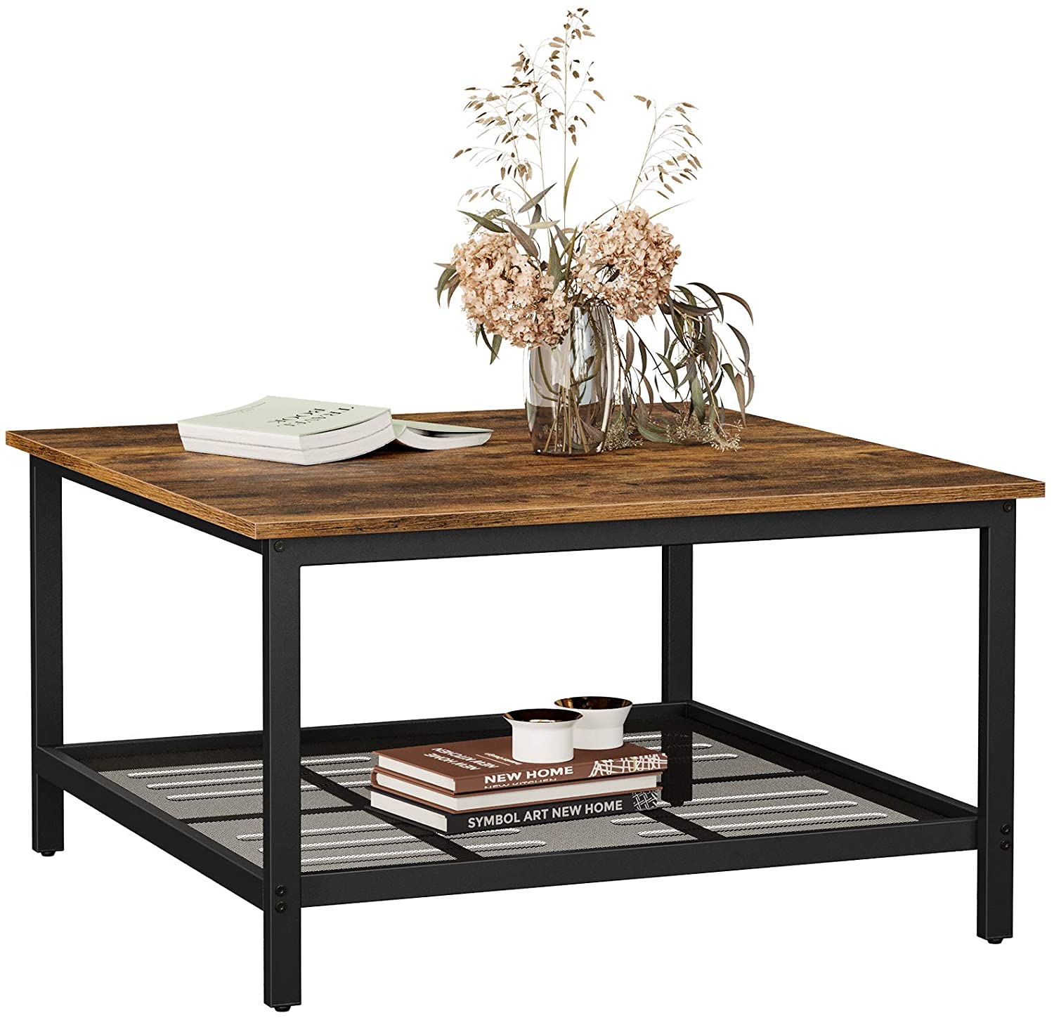 Robust Coffee Table Steel Frame and Mesh Storage Shelf, Rustic Brown and Black