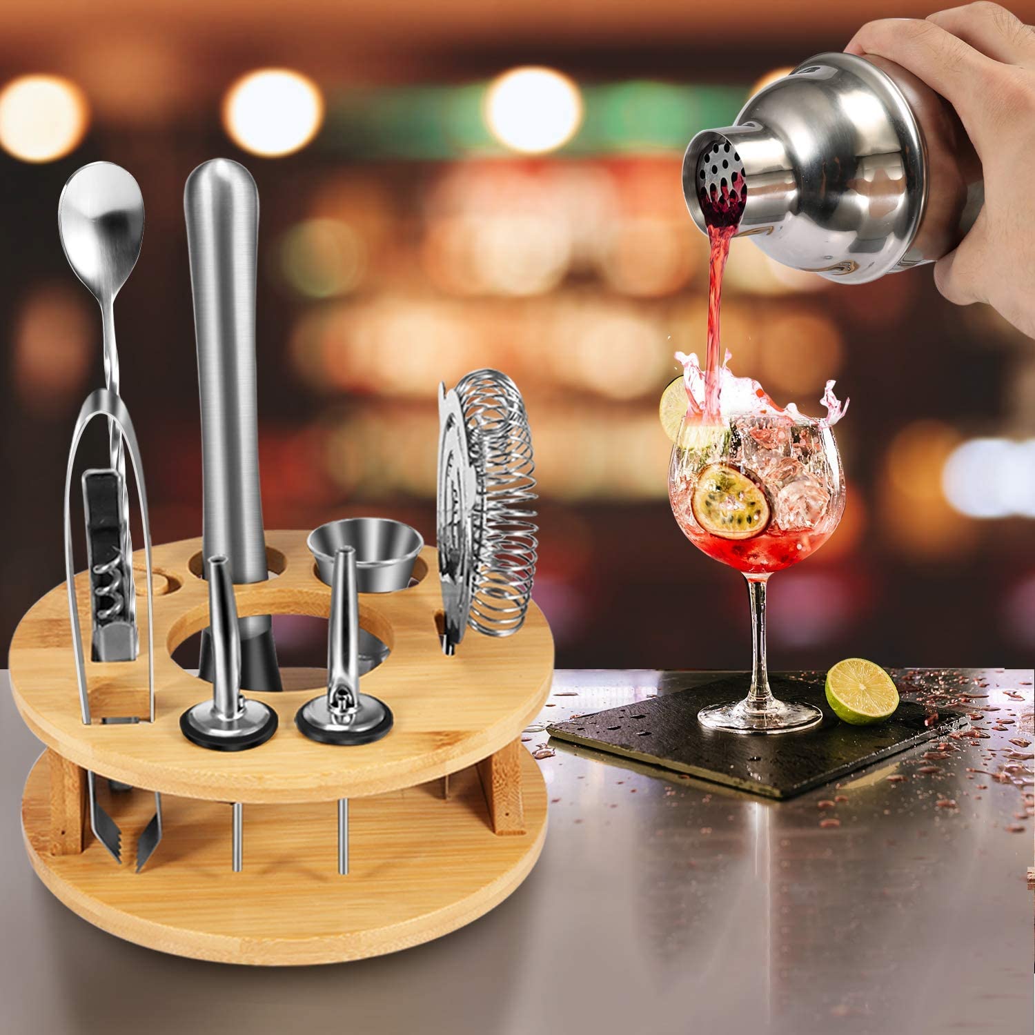 Cocktail Shaker Set Bartender Kit with Rotating Bamboo and 10-Piece Stainless Steel Bar Tool Set