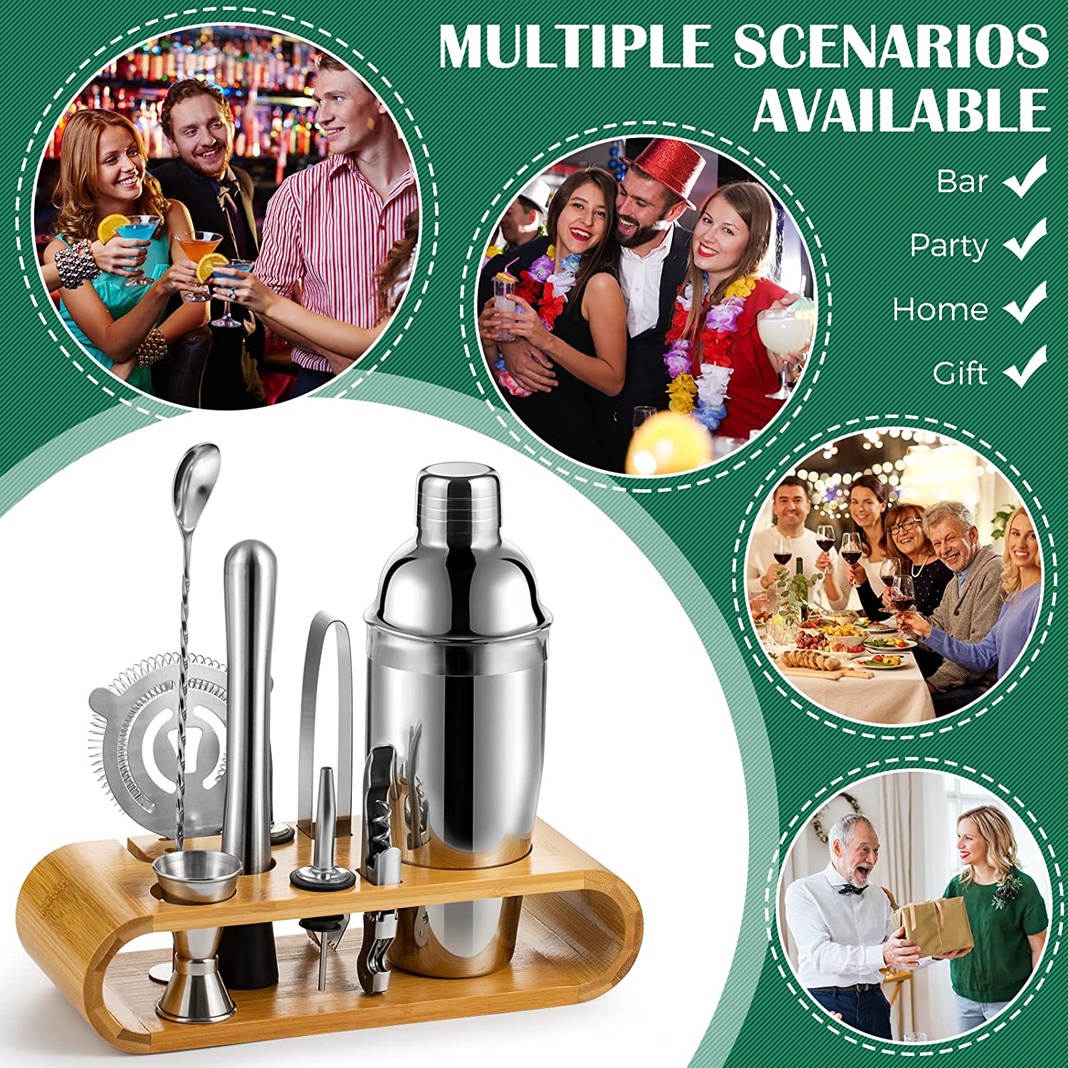 Cocktail Shaker Set Bartender Kit with Bamboo frame and 10 Pieces Stainless Steel Bar Tool Set