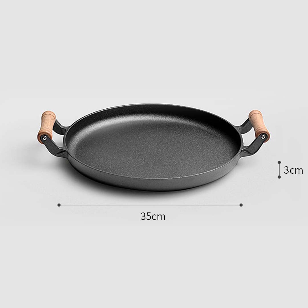 SOGA 35cm Cast Iron Frying Pan Skillet Steak Sizzle Fry Platter With Wooden Handle No Lid