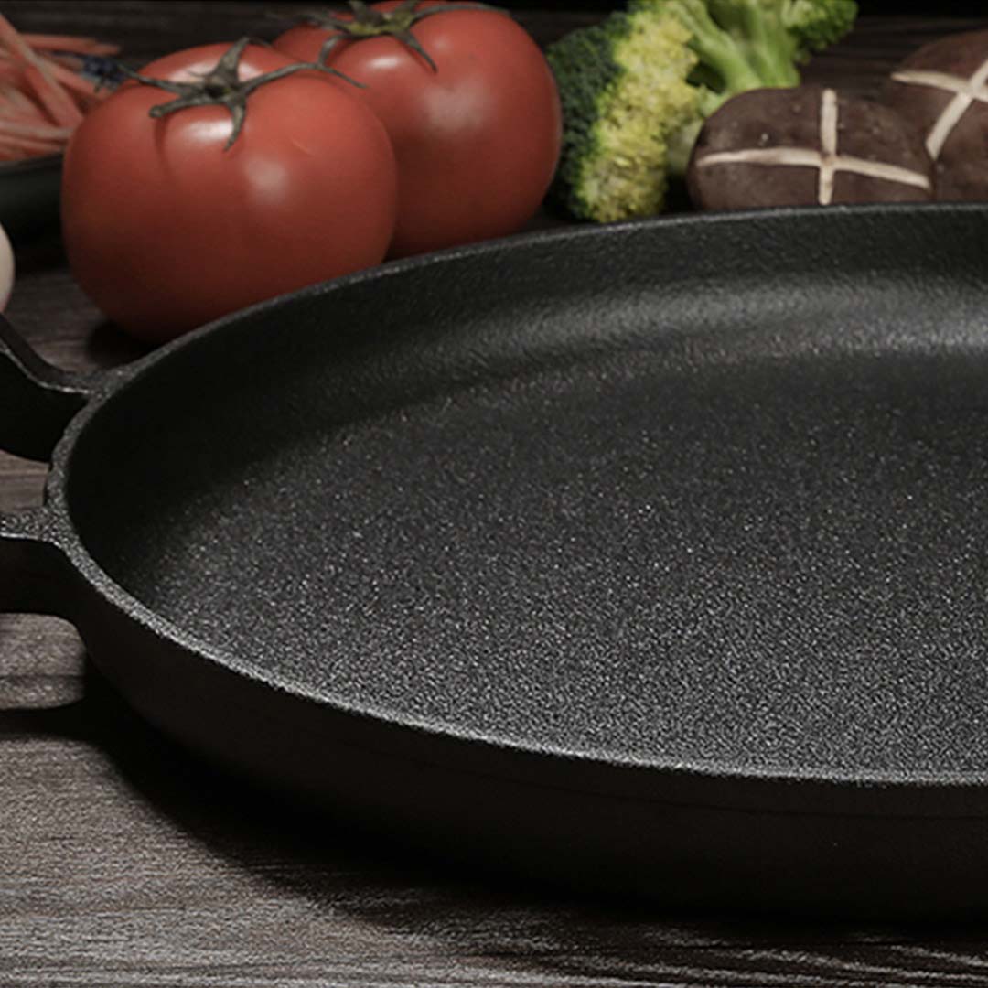 SOGA 35cm Cast Iron Frying Pan Skillet Steak Sizzle Fry Platter With Wooden Handle No Lid