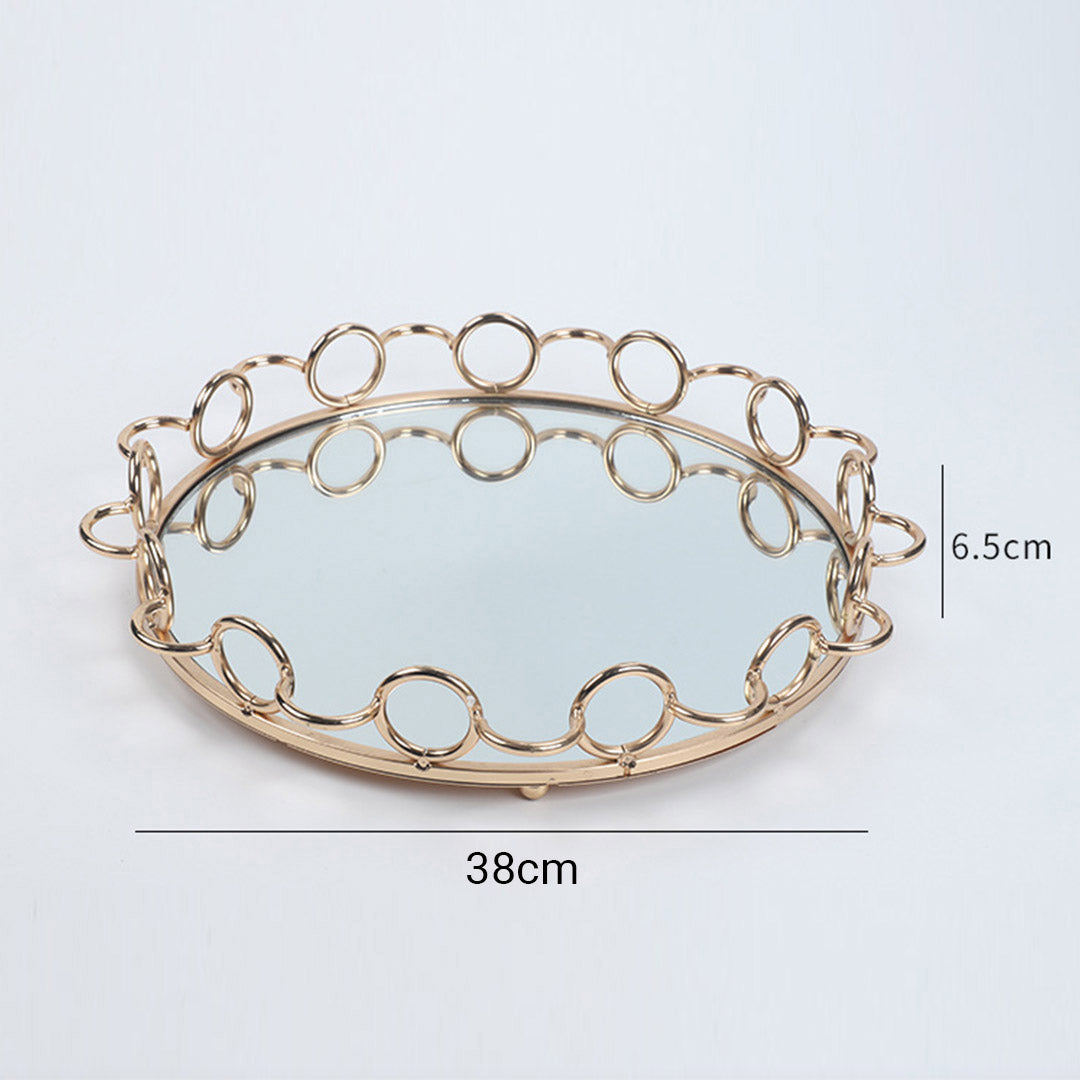 SOGA 38cm Bronze-Colored Round Mirror Glass Metal Tray Vanity Makeup Perfume Jewelry Organiser with Handles