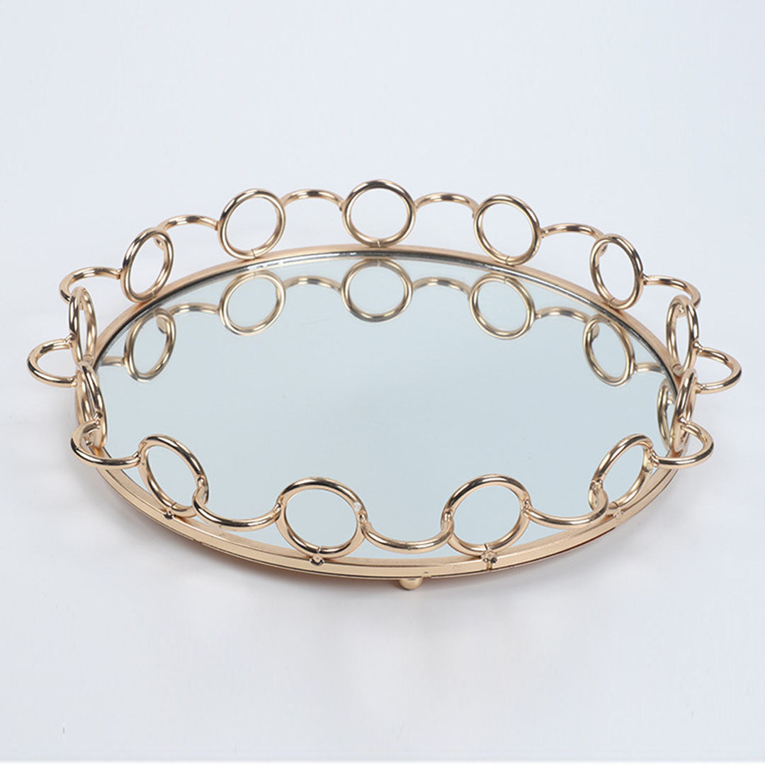 SOGA 38cm Bronze-Colored Round Mirror Glass Metal Tray Vanity Makeup Perfume Jewelry Organiser with Handles