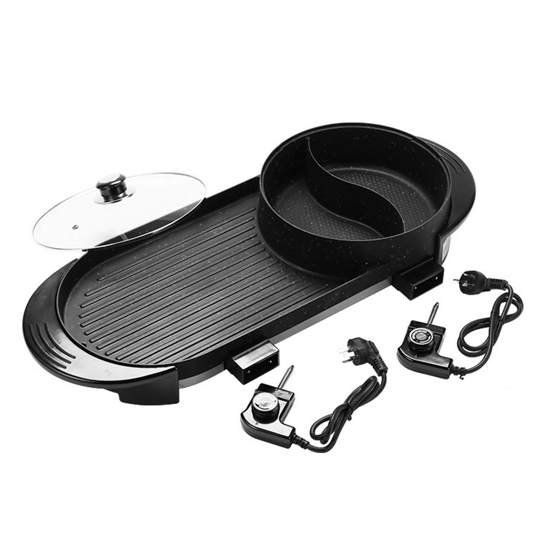 SOGA 2X 2 in 1 Electric Non-Stick BBQ Teppanyaki Grill Plate Steamboat Hotpot 2-8 Person
