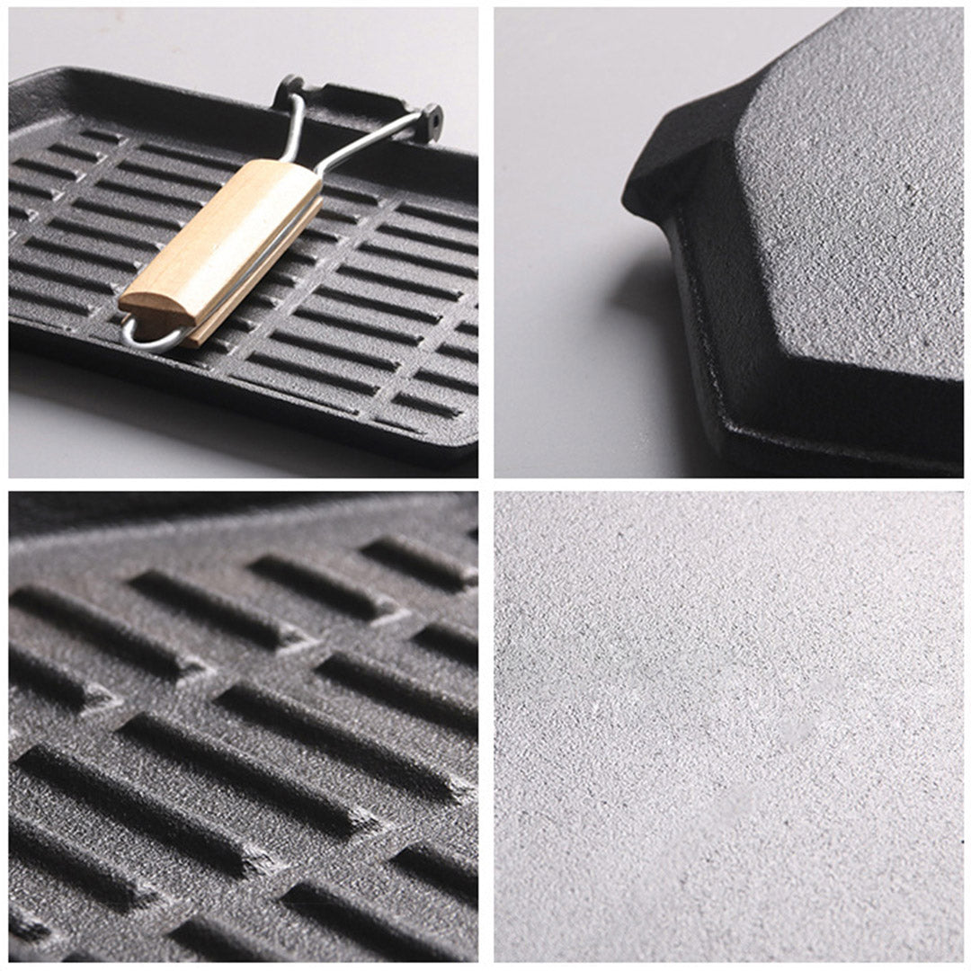 SOGA Rectangular Cast Iron Griddle Grill Frying Pan with Folding Wooden Handle