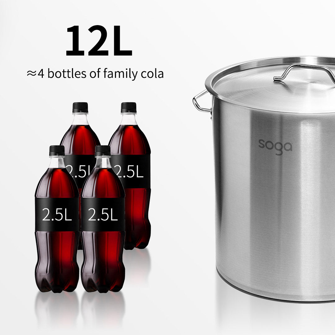 SOGA Stock Pot 12L Top Grade Thick Stainless Steel Stockpot 18/10