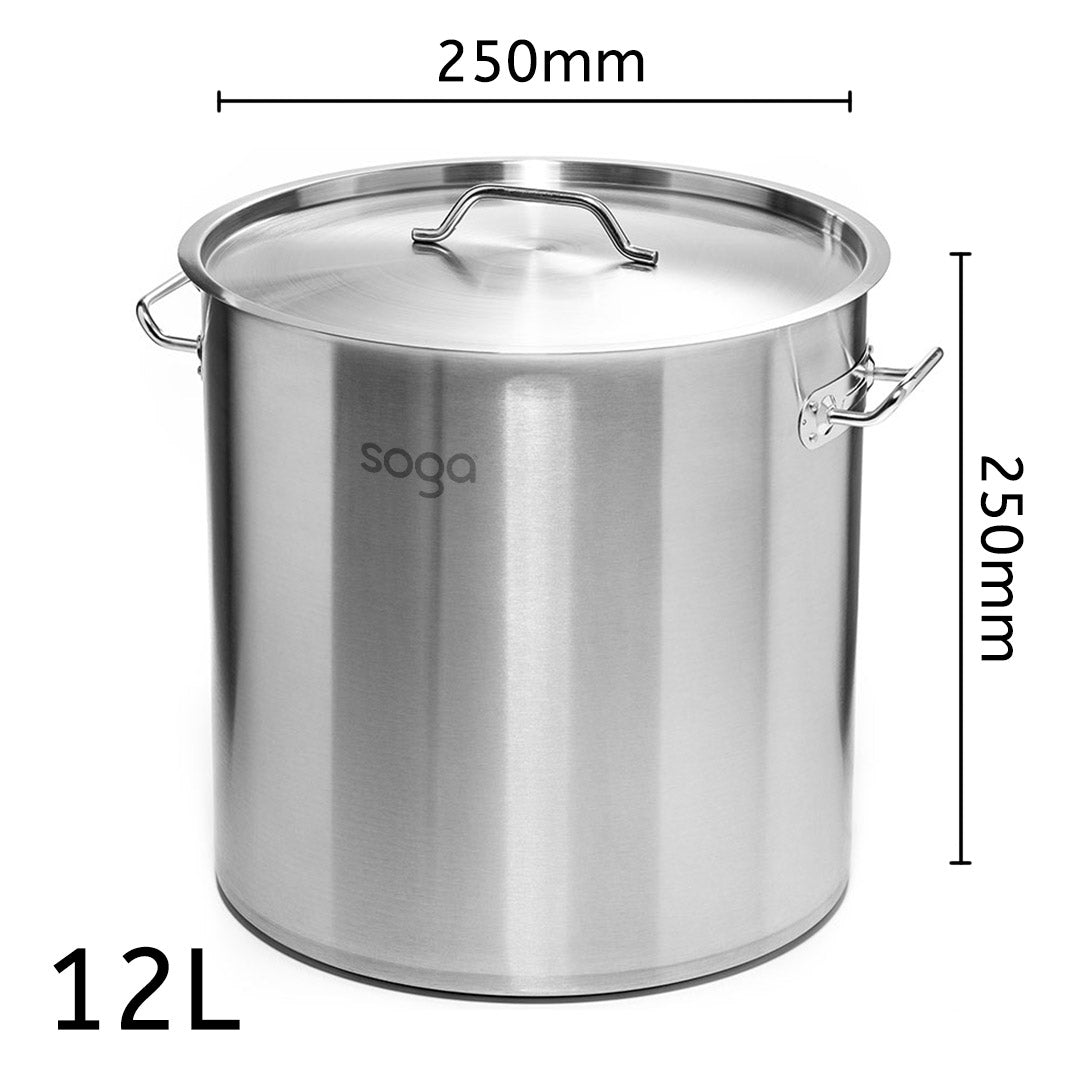 SOGA Stock Pot 12L Top Grade Thick Stainless Steel Stockpot 18/10