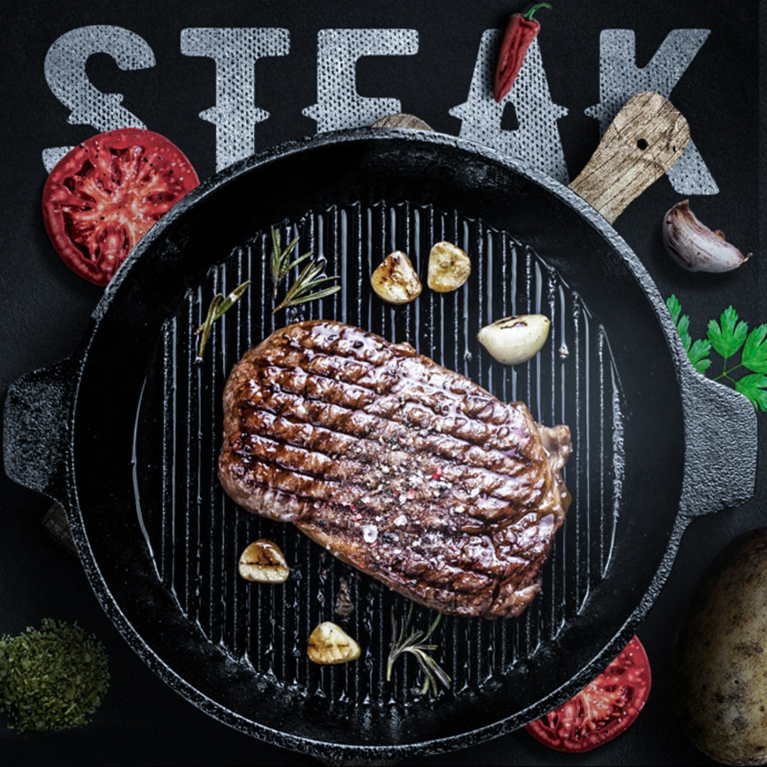 SOGA 26cm Round Ribbed Cast Iron Frying Pan Skillet Steak Sizzle Platter with Handle