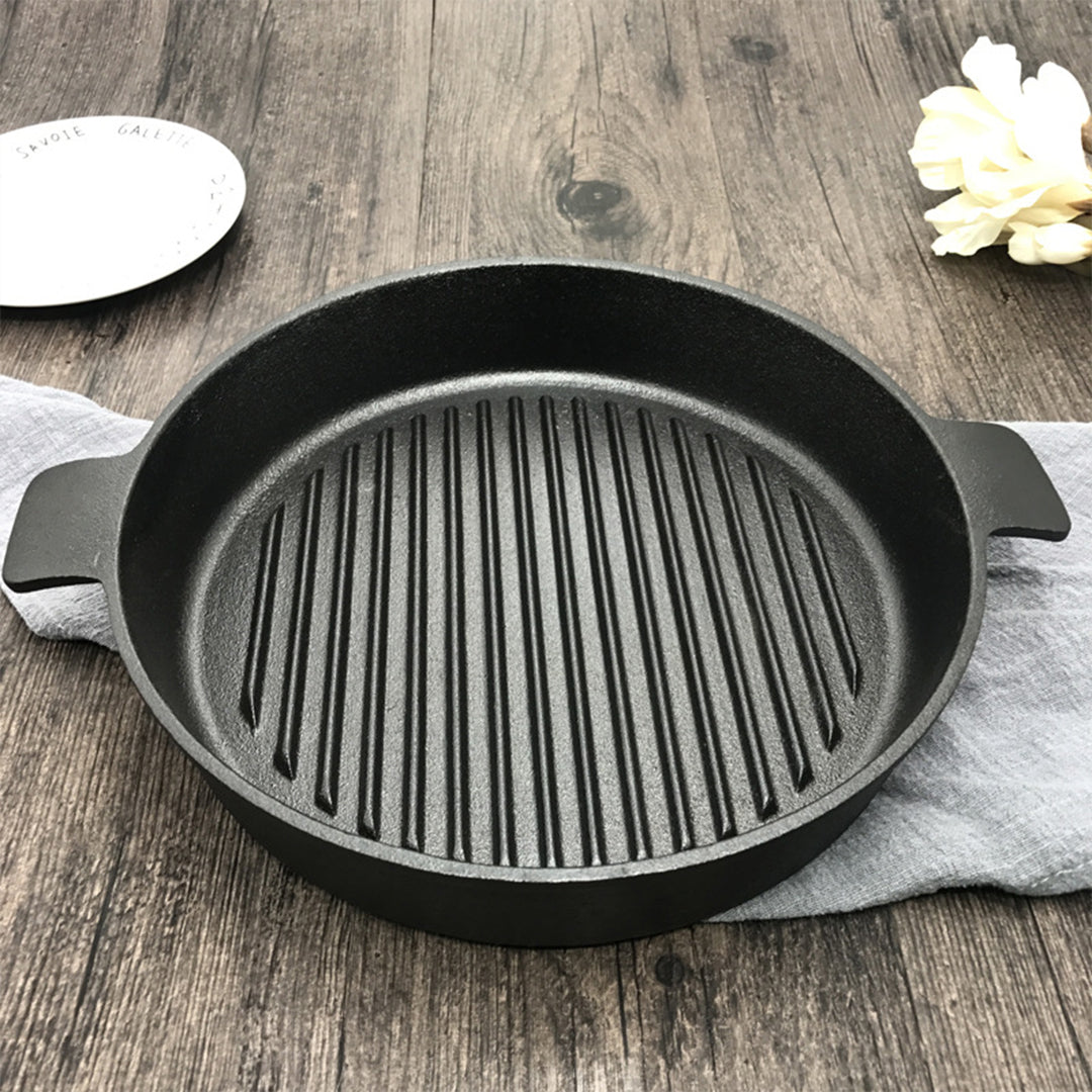 SOGA 26cm Round Ribbed Cast Iron Frying Pan Skillet Steak Sizzle Platter with Handle