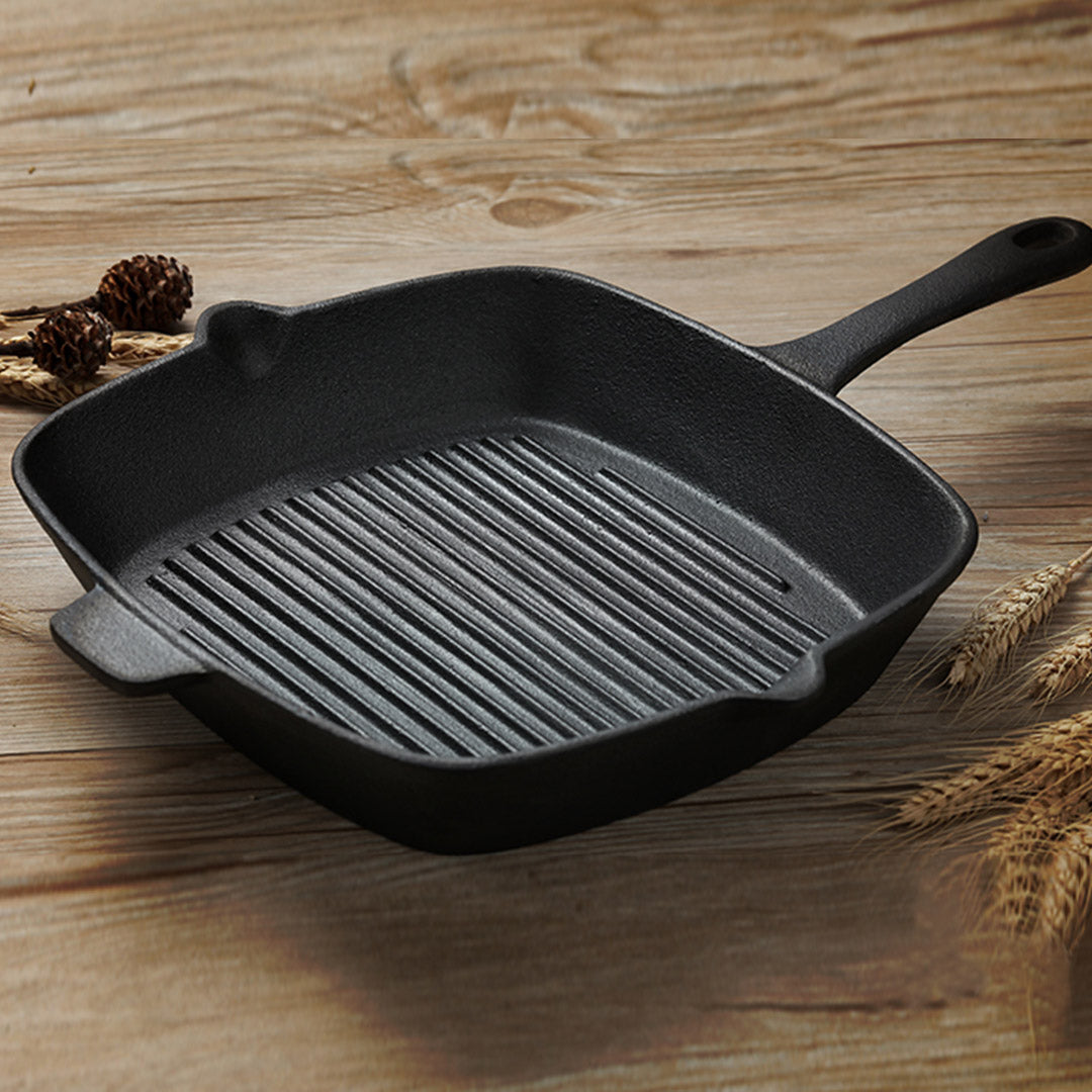 SOGA 2X 26cm Square Ribbed Cast Iron Frying Pan Skillet Steak Sizzle Platter with Handle