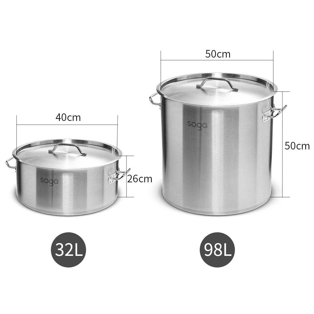 SOGA 32L Wide Stock Pot and 98L Tall Top Grade Thick Stainless Steel Stockpot 18/10