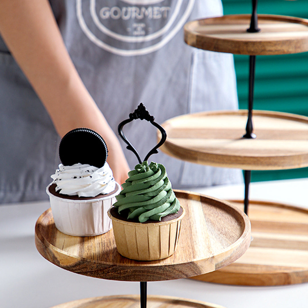 SOGA 20cm 2 Tier Brown Round Wooden Acacia Dessert Tray Cake Snacks Cupcake Stand Buffet Serving Countertop Decor2 Tier