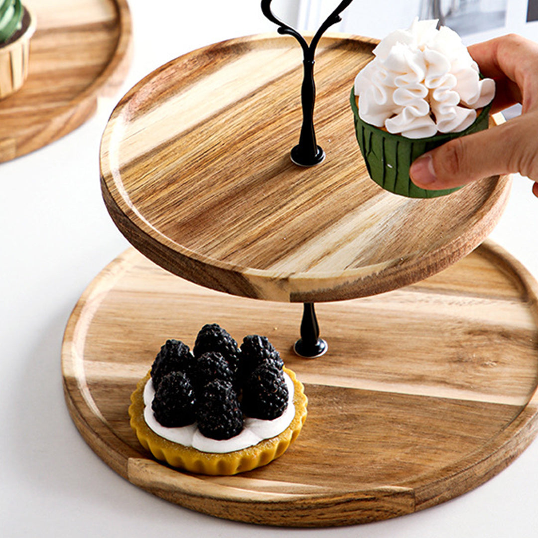 SOGA 20cm 2 Tier Brown Round Wooden Acacia Dessert Tray Cake Snacks Cupcake Stand Buffet Serving Countertop Decor2 Tier
