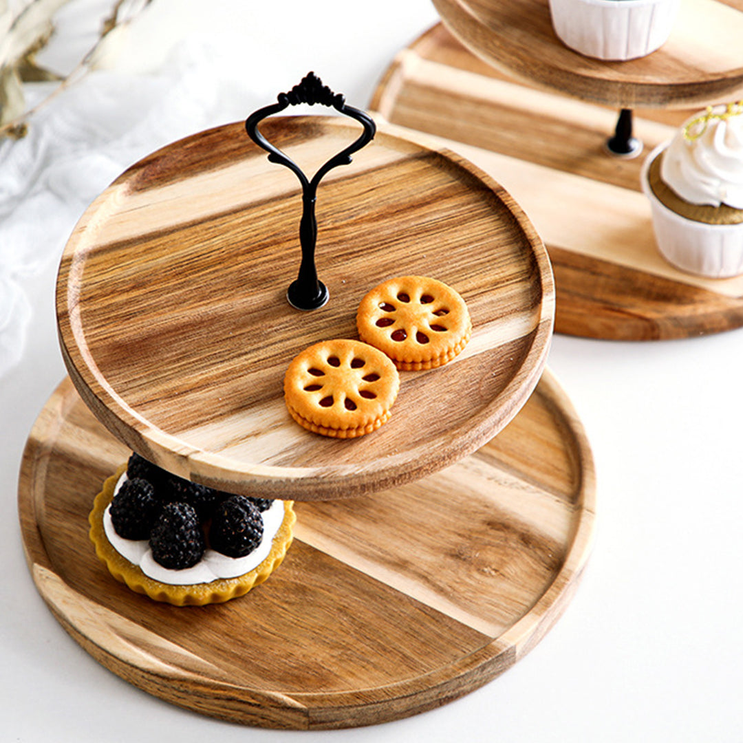 SOGA 20cm 2 Tier Brown Round Wooden Acacia Dessert Tray Cake Snacks Cupcake Stand Buffet Serving Countertop Decor2 Tier