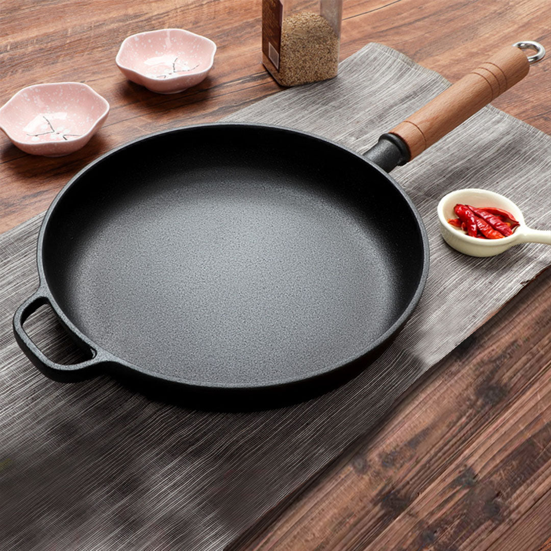 SOGA 25cm Round Cast Iron Frying Pan Skillet Steak Sizzle Platter with Helper Handle